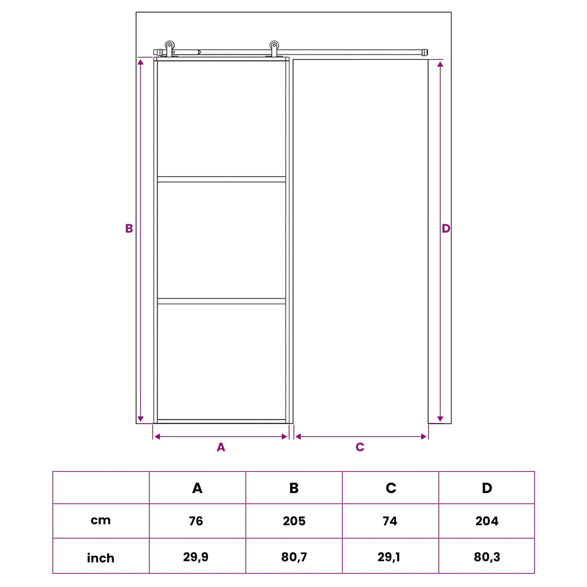 Slankios durys 76 x 205 cm Grūdintas stiklas ir aliuminis