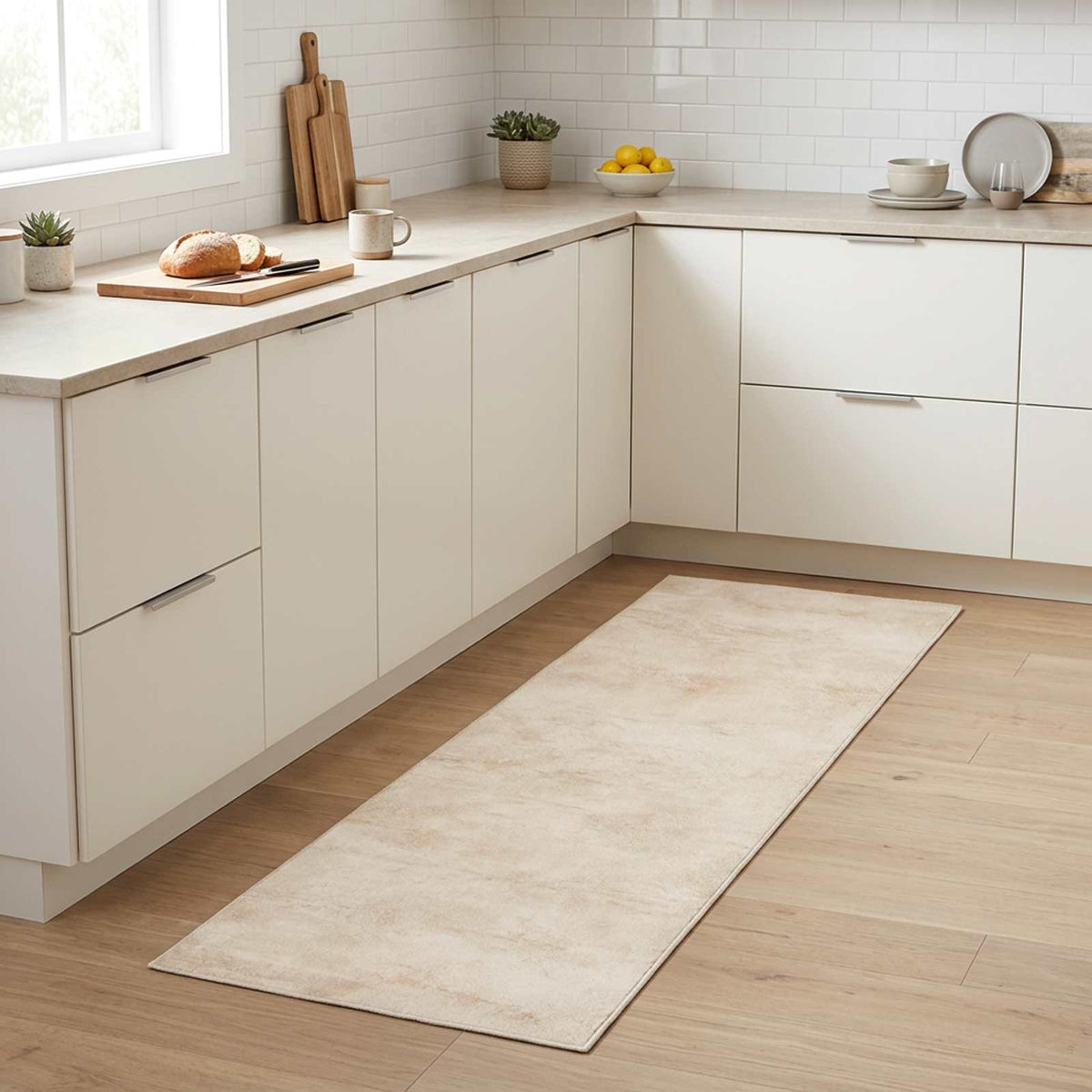Virtuvės kilimas kreminis betonas 180 x 60 cm 100% poliamidas