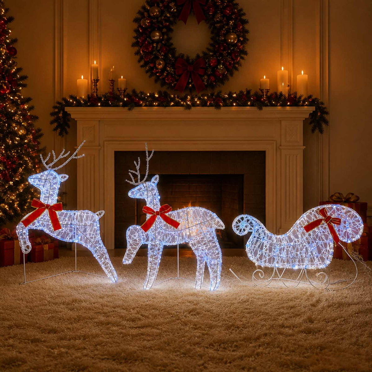 Kalėdinis elnias su rogutėmis 3 vnt. 60 LED Mėlyna
