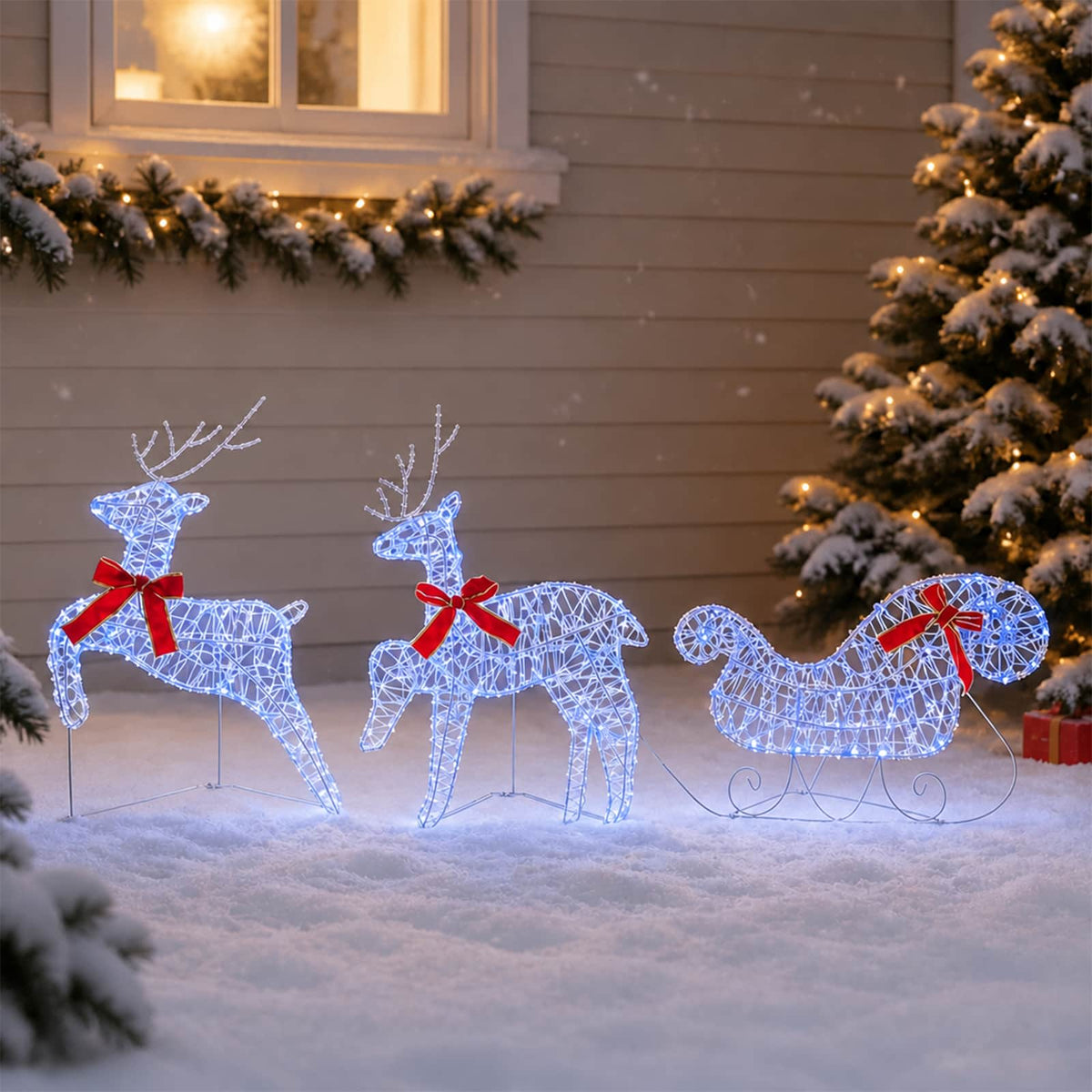 Kalėdinis elnias su rogutėmis 3 vnt. 60 LED Mėlyna