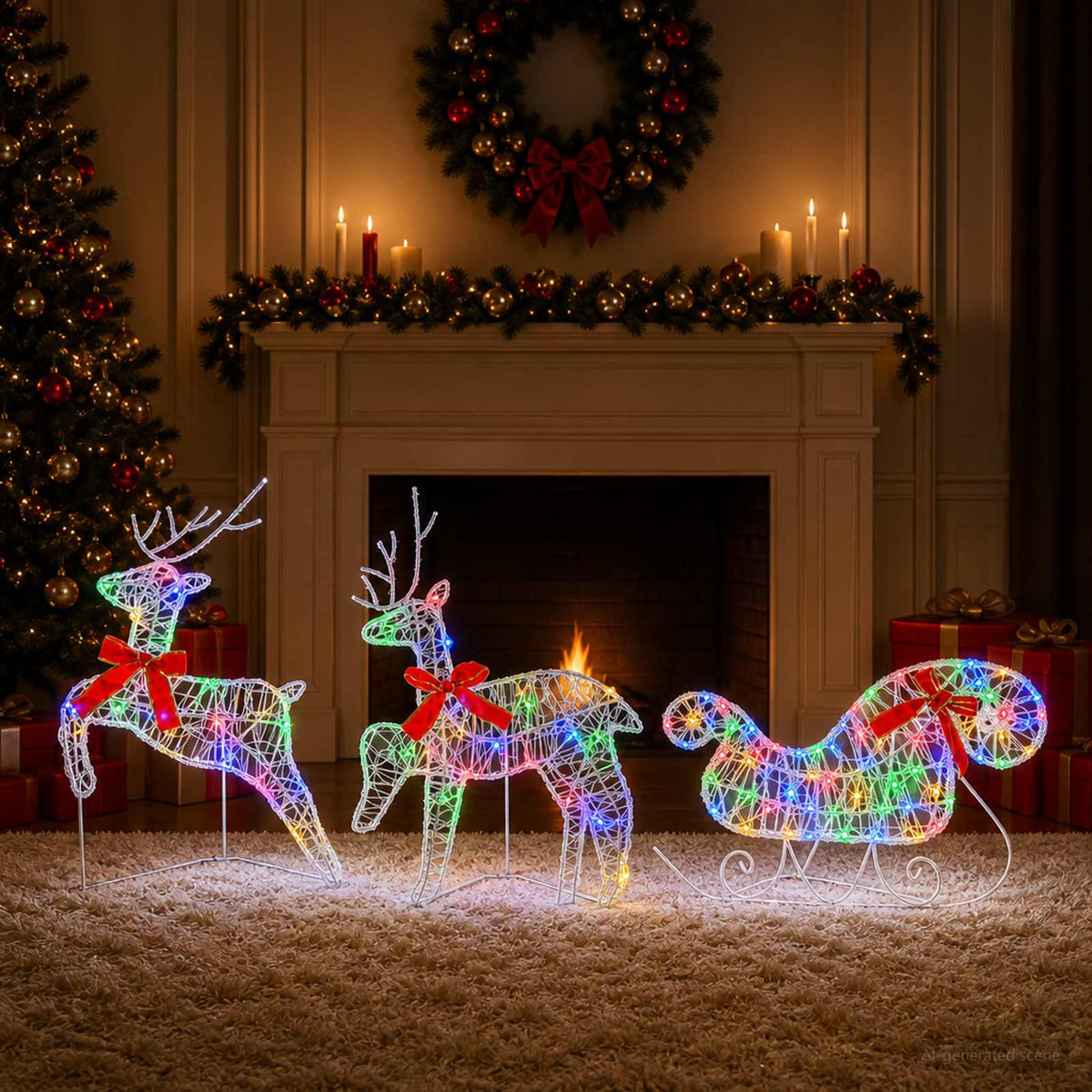 Kalėdinis elnias su rogutėmis 3 vnt. 60 LED Įvairių spalvų