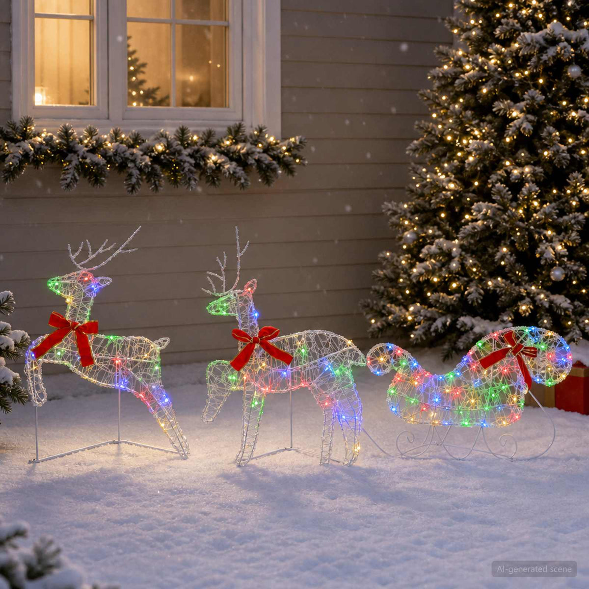 Kalėdinis elnias su rogutėmis 3 vnt. 60 LED Įvairių spalvų