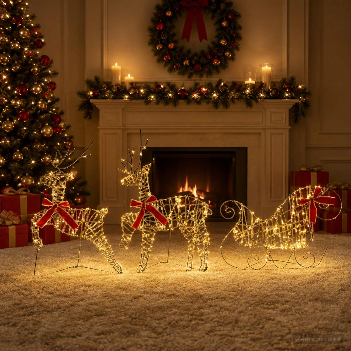 Kalėdinis elnias su rogutėmis 3 vnt. 60 LED Šilta balta