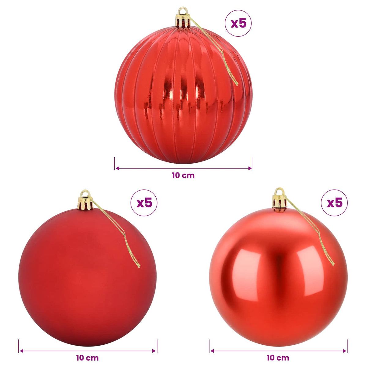 Kalėdinių kamuoliukų rinkinys XL 15 vnt. Raudona Skersmuo 10 cm
