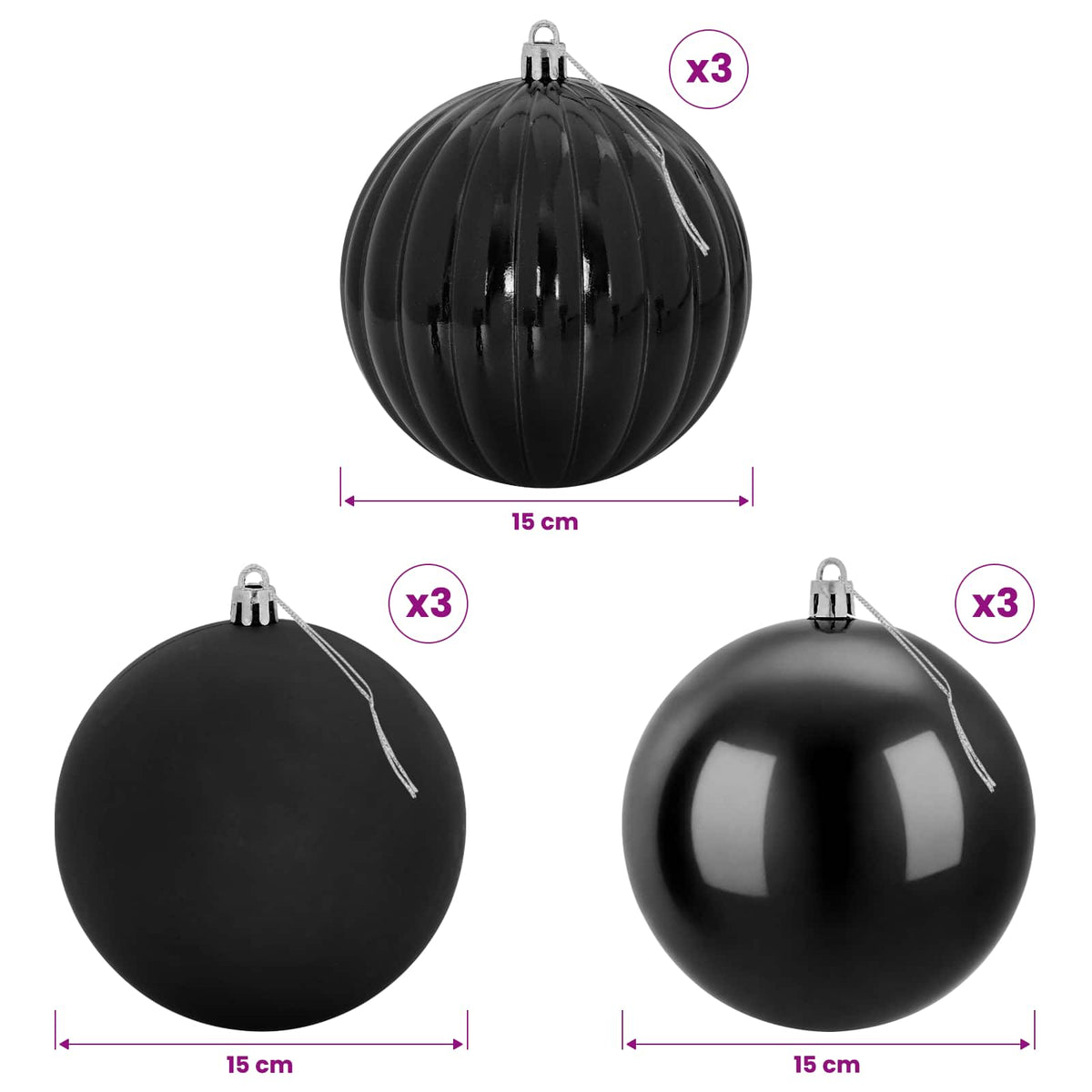 Kalėdinių kamuoliukų rinkinys XL 9 vnt. Juoda Skersmuo 15 cm