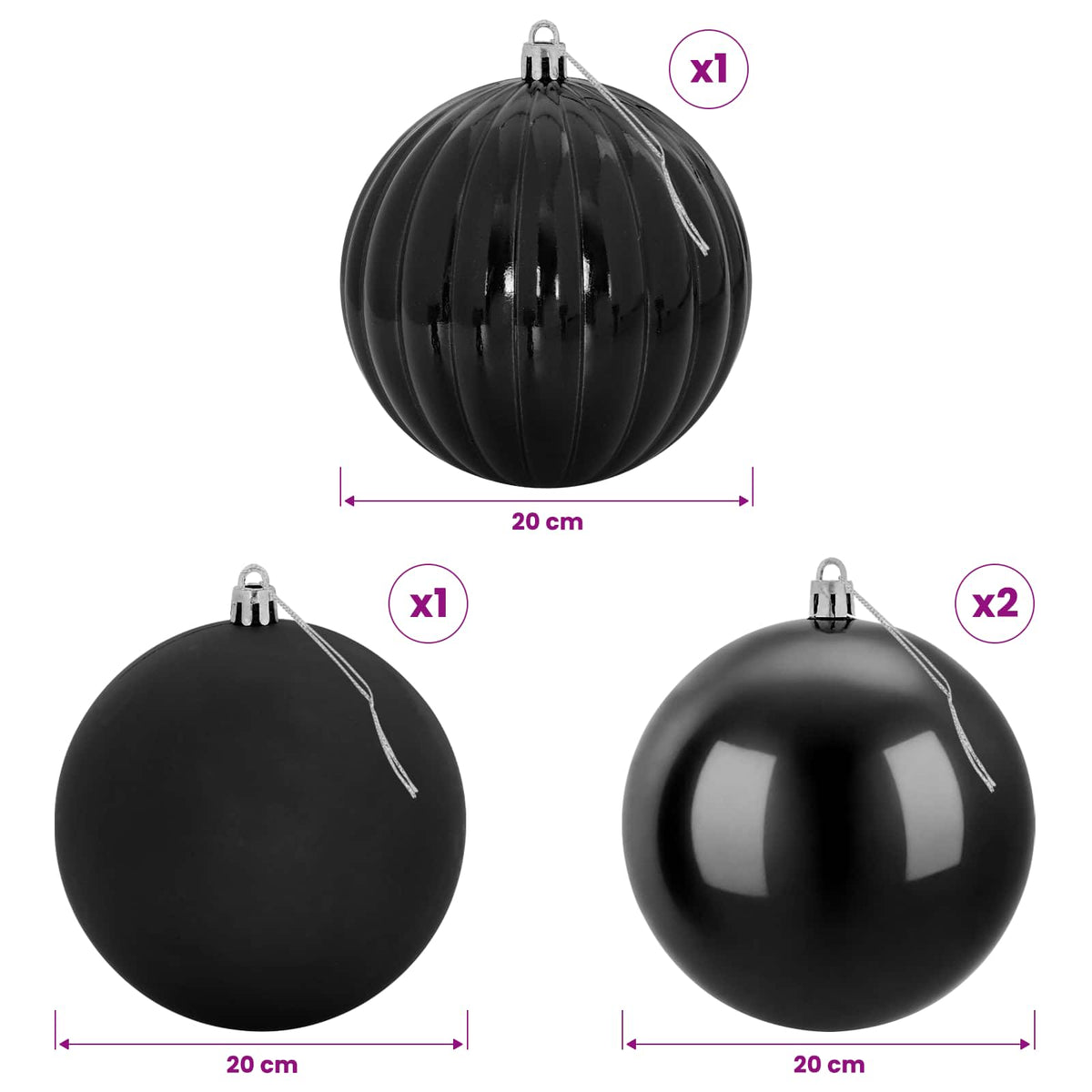 Kalėdinių rutulių rinkinys XXL 4 vnt. Juoda Skersmuo 20 cm