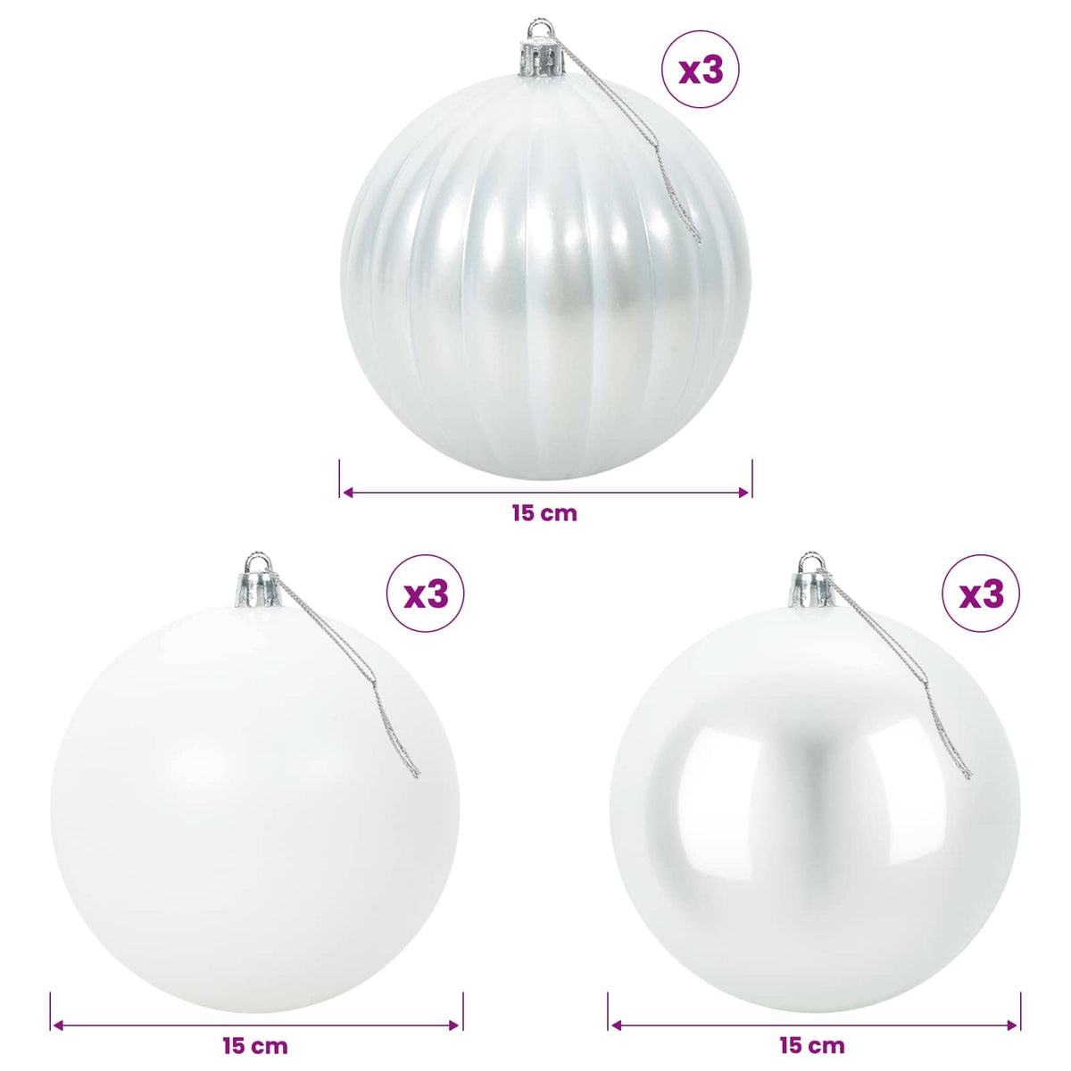 Kalėdinių kamuoliukų rinkinys XL 9 vnt. Balta Skersmuo 15 cm