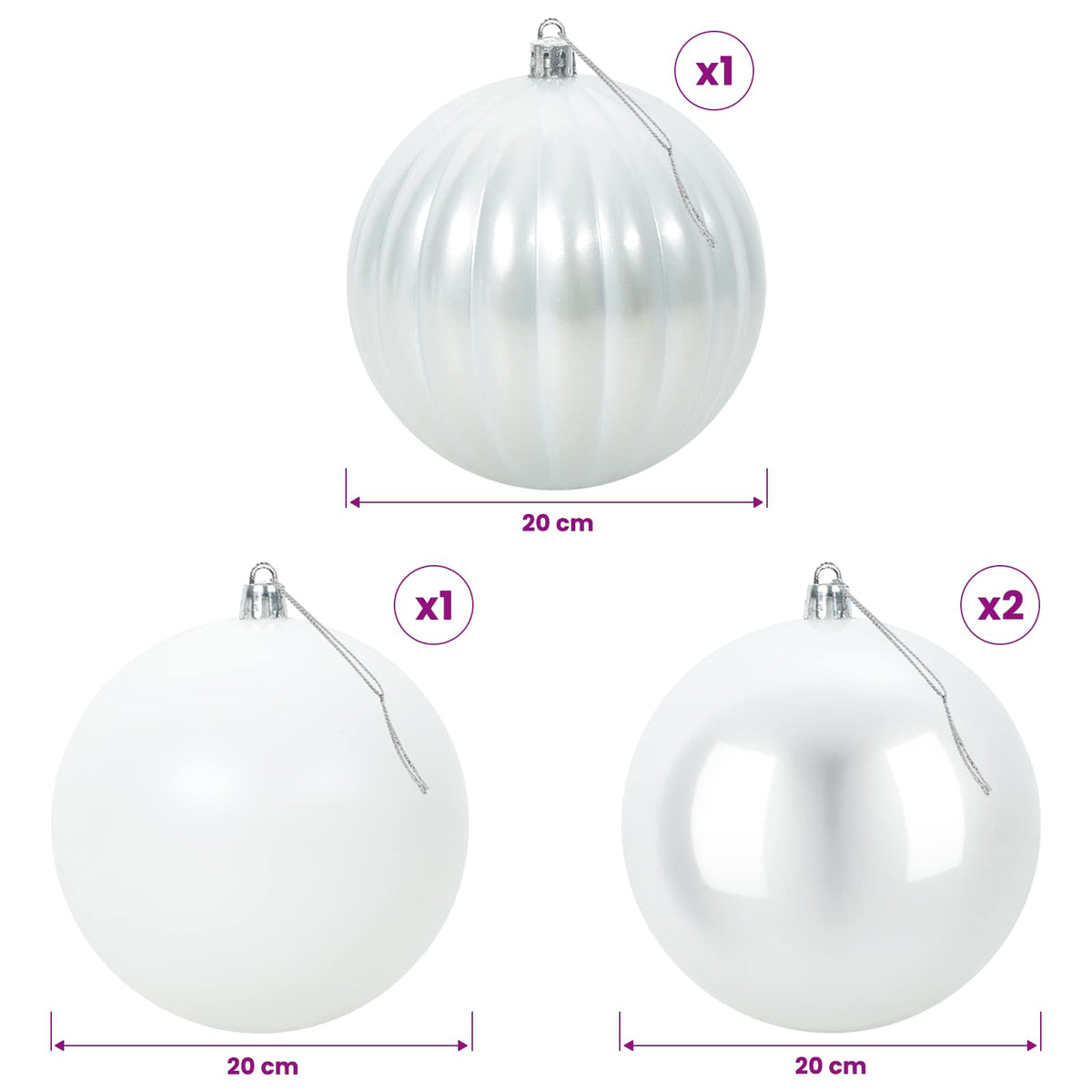 Kalėdinių rutulių rinkinys XXL 4 vnt. Balta Skersmuo 20 cm