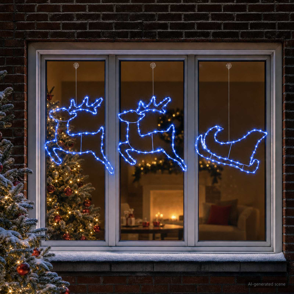 Elnių ir rogių kalėdinė dekoracija LOVIISA 180 LED Mėlyna