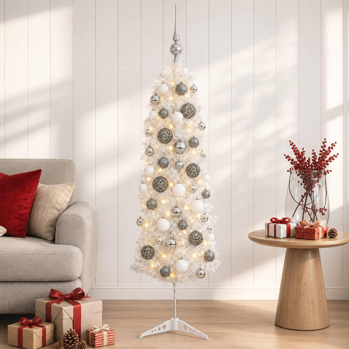 Dirbtinė siaura kalėdinė eglutė su žaisliuku 120 cm 150 LED