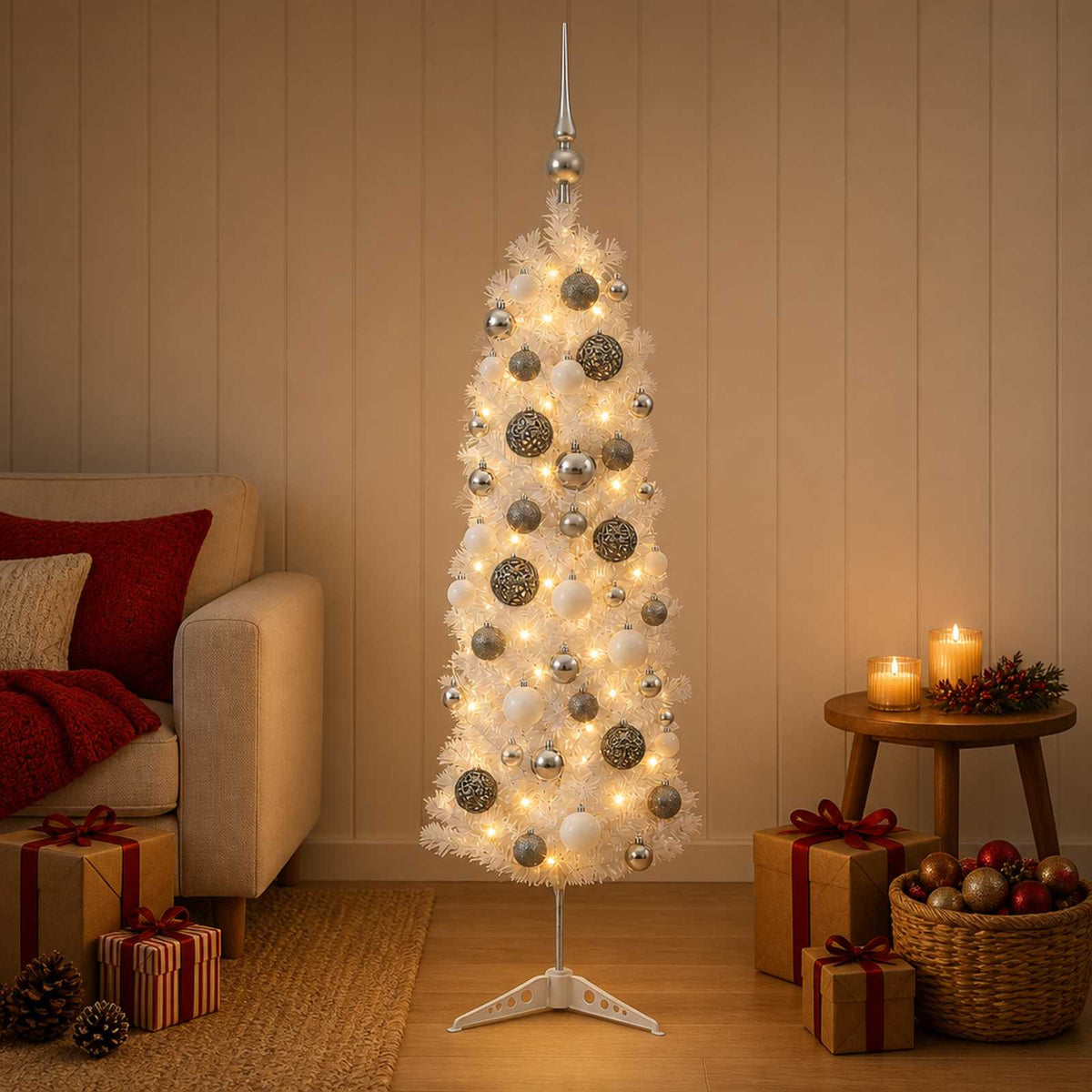 Dirbtinė siaura kalėdinė eglutė su žaisliuku 120 cm 150 LED