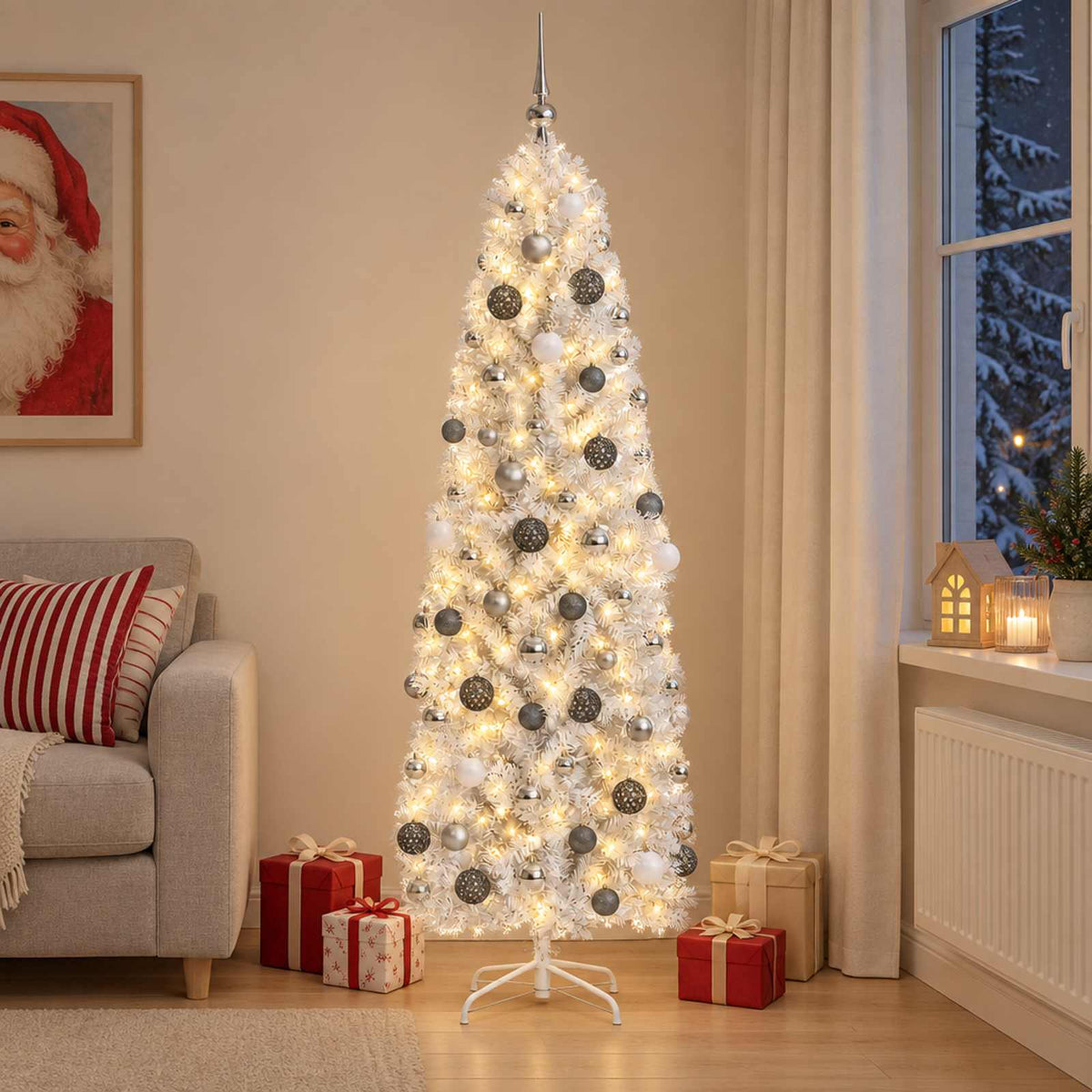 Dirbtinė siaura kalėdinė eglutė su žaisliuku 210 cm 300 LED