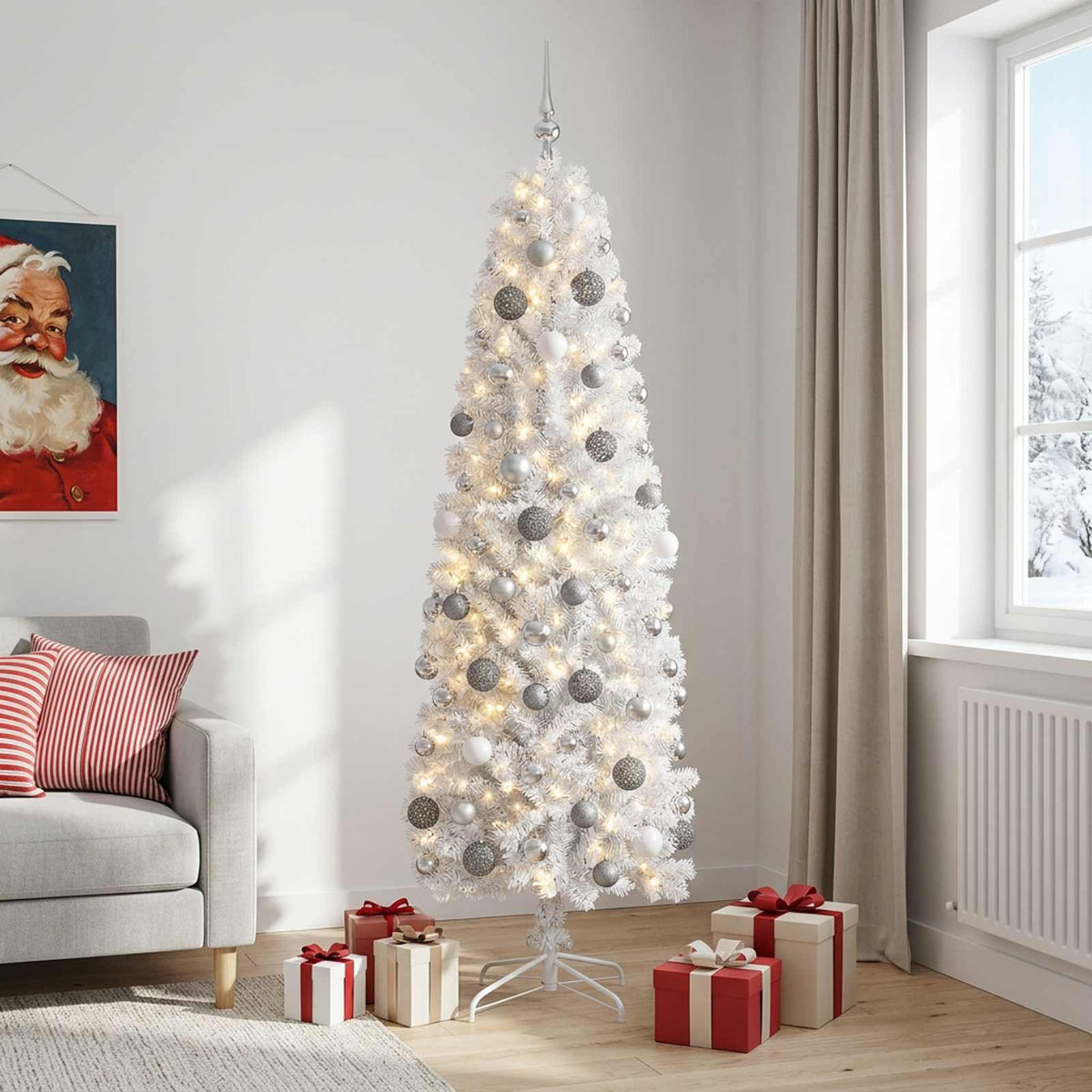 Dirbtinė siaura kalėdinė eglutė su žaisliuku 210 cm 300 LED