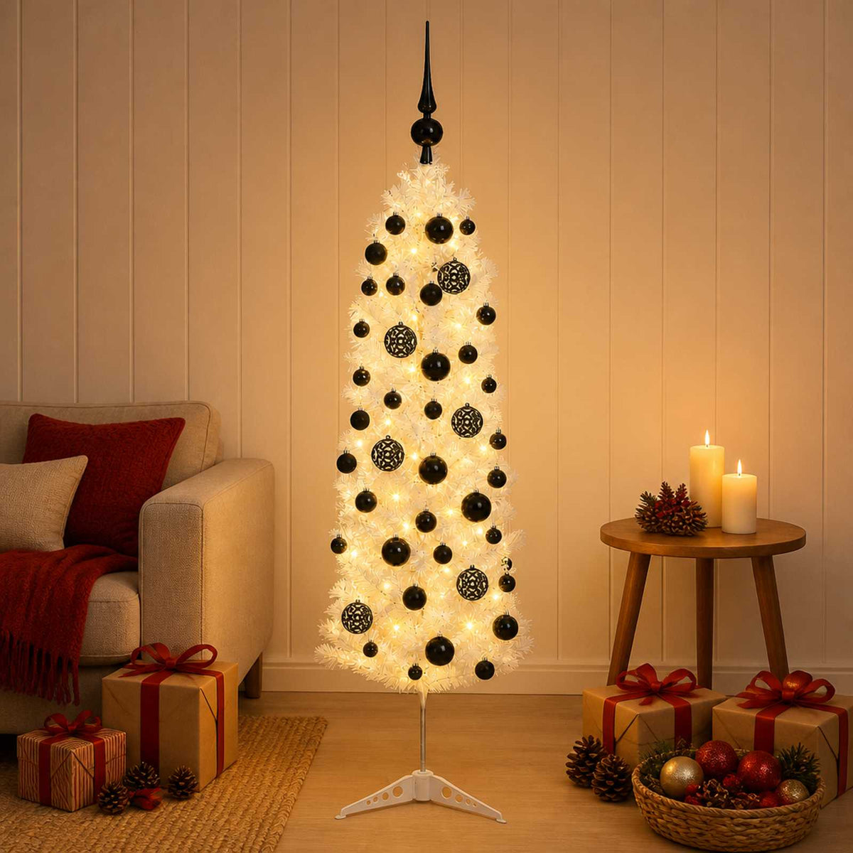 Dirbtinė siaura kalėdinė eglutė su žaisliuku 120 cm 150 LED