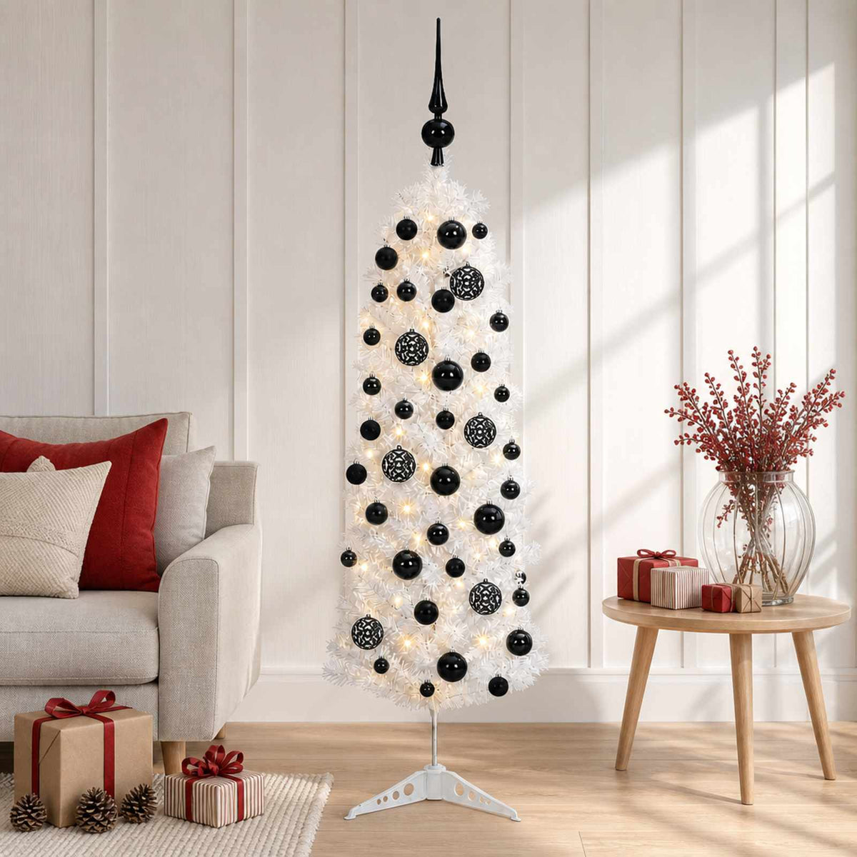 Dirbtinė siaura kalėdinė eglutė su žaisliuku 120 cm 150 LED