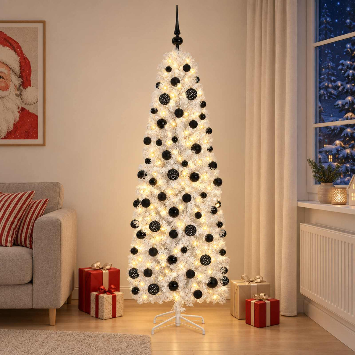 Dirbtinė siaura kalėdinė eglutė su žaisliuku 210 cm 300 LED