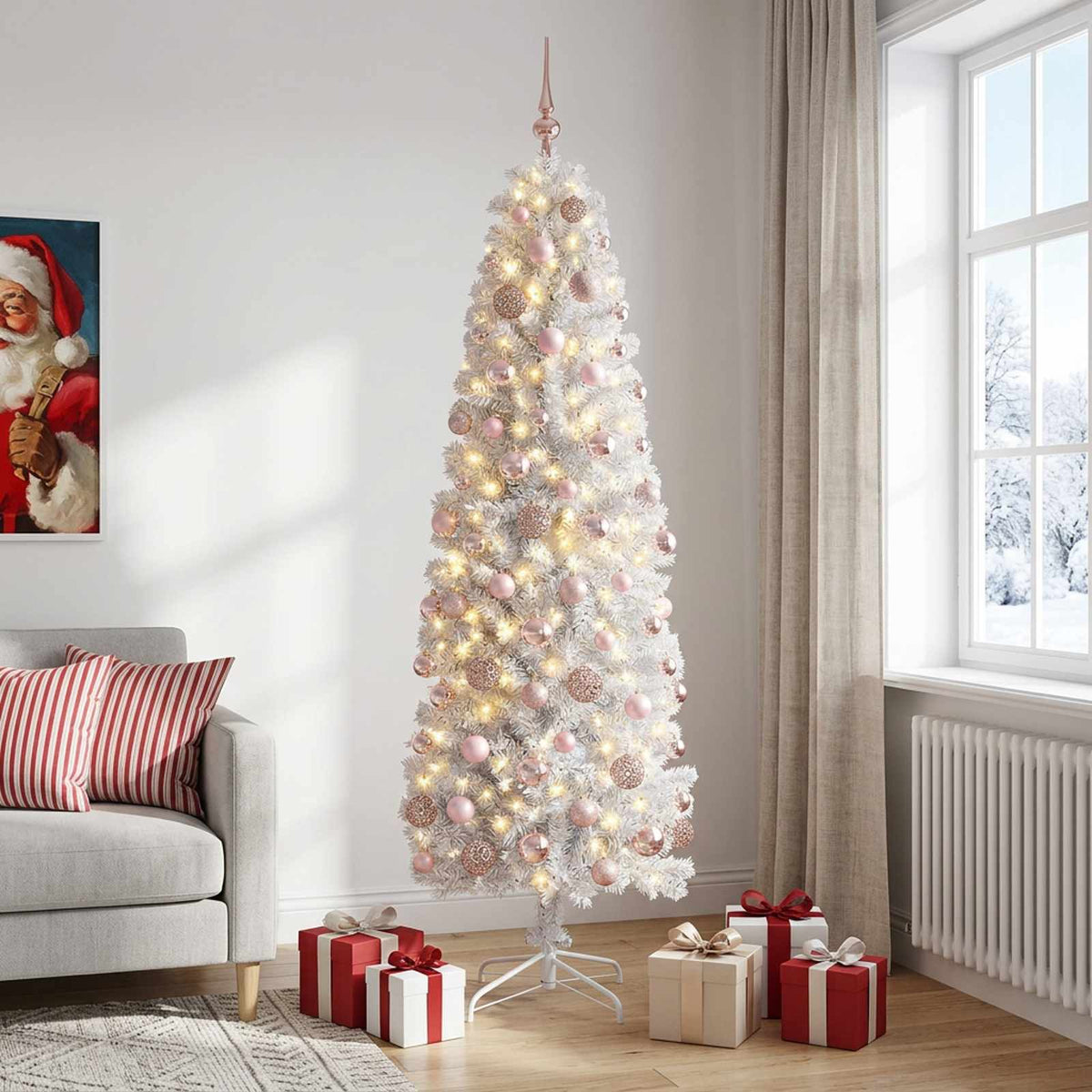 Dirbtinė siaura kalėdinė eglutė su žaisliuku 210 cm 300 LED