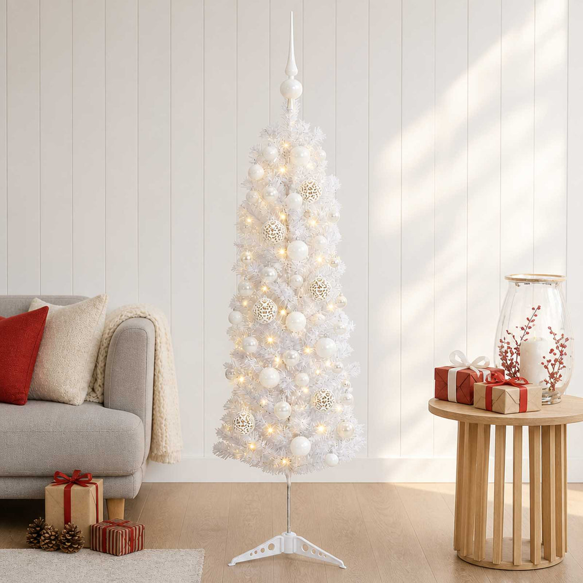 Dirbtinė siaura kalėdinė eglutė su žaisliuku 120 cm 150 LED