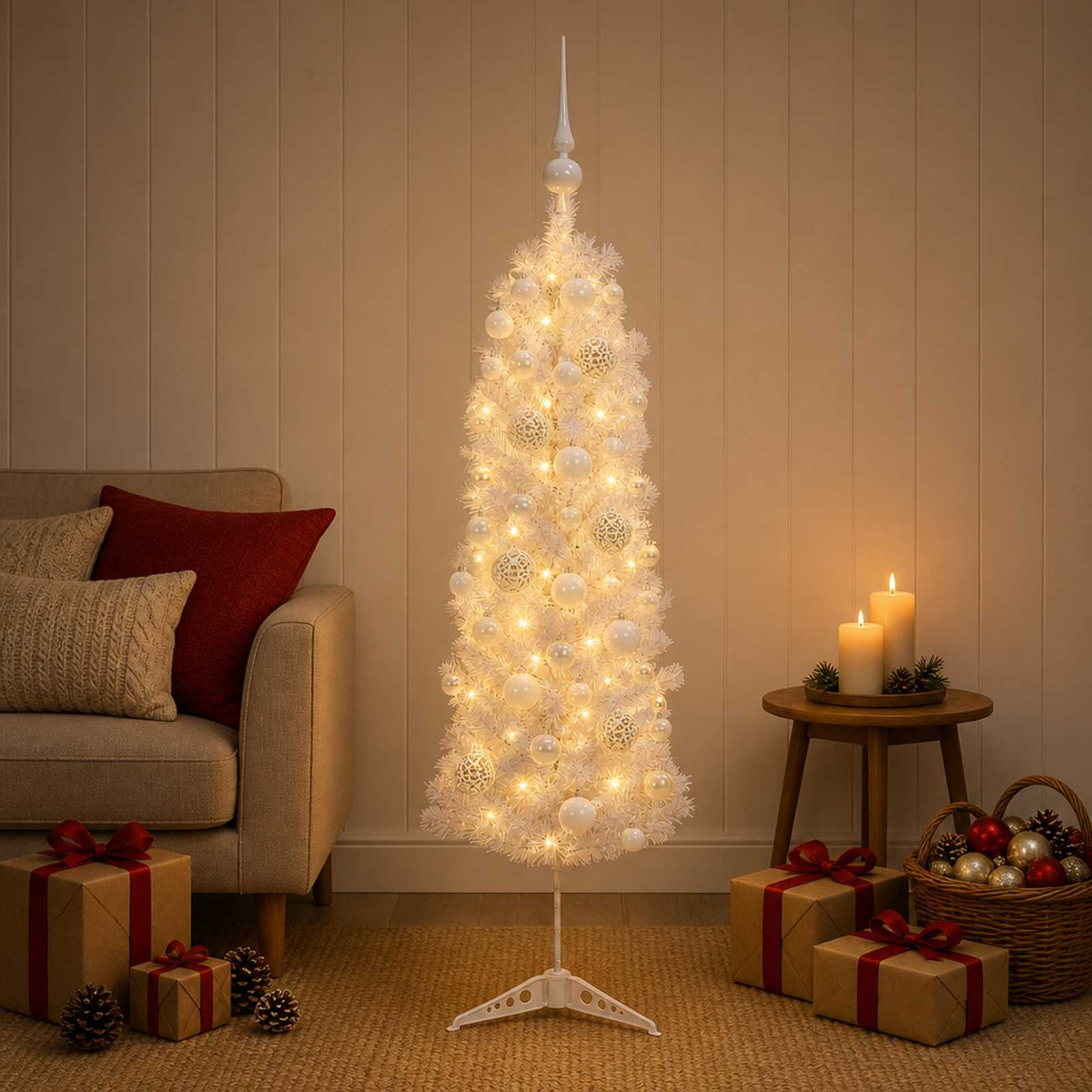 Dirbtinė siaura kalėdinė eglutė su žaisliuku 120 cm 150 LED