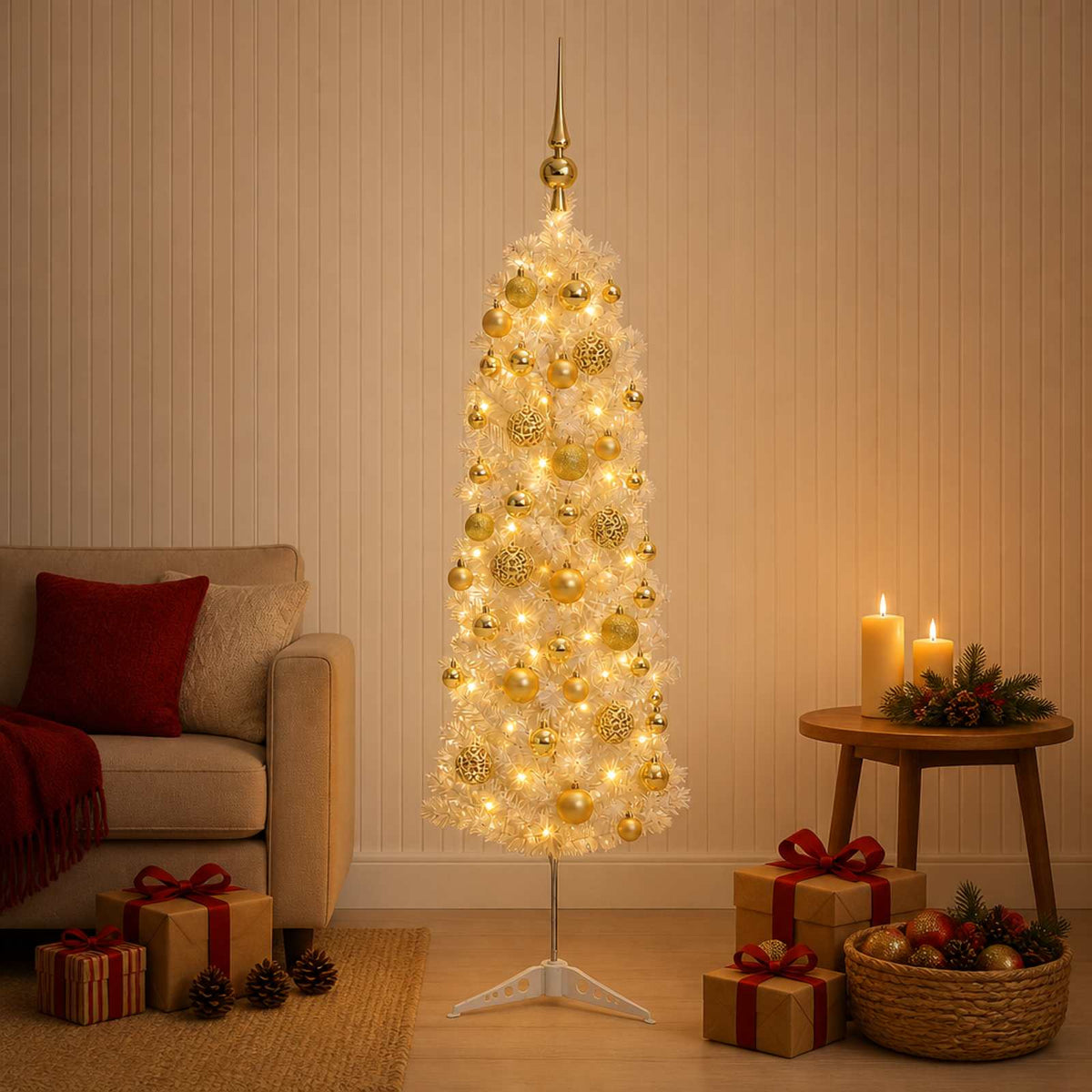 Dirbtinė siaura kalėdinė eglutė su žaisliuku 120 cm 150 LED