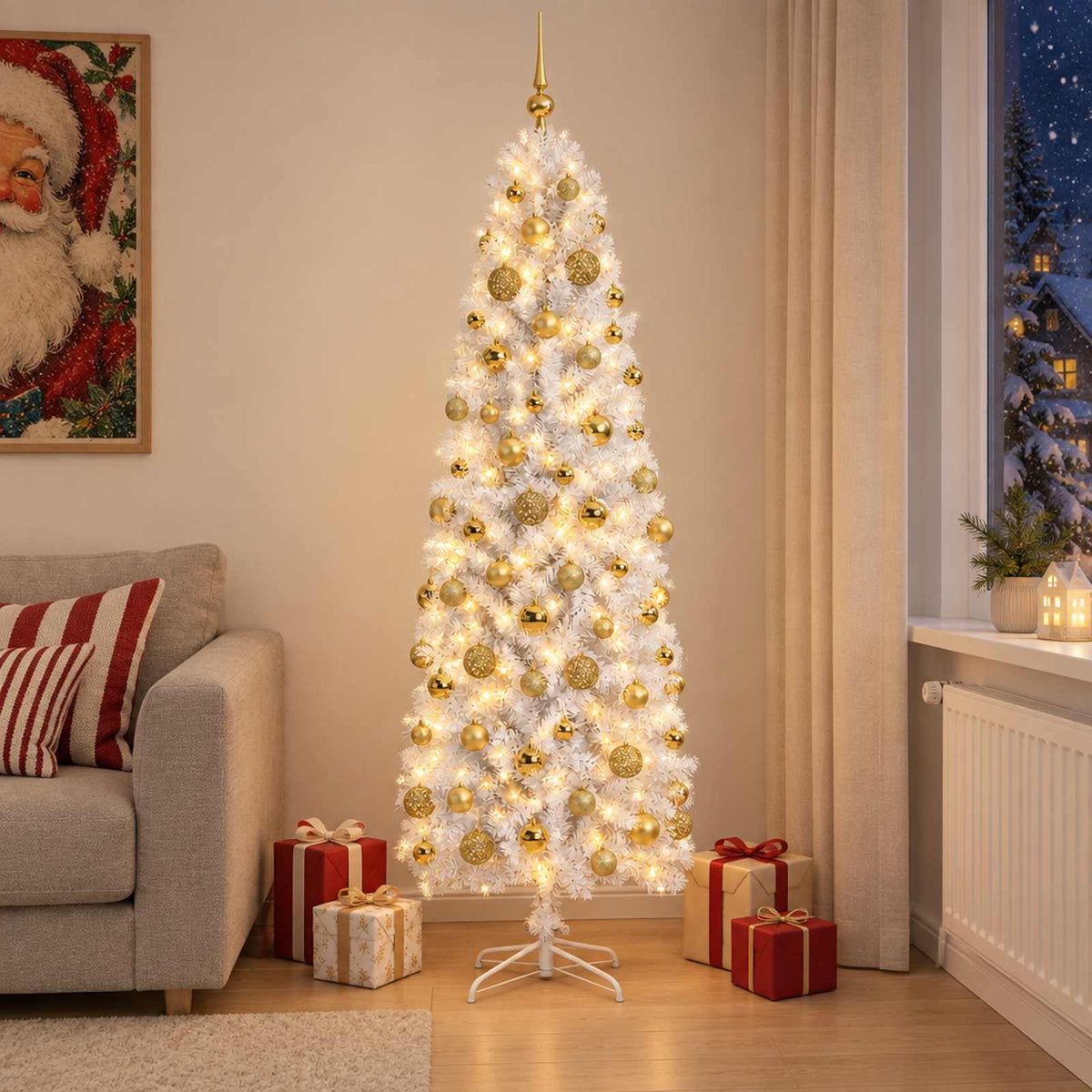 Dirbtinė siaura kalėdinė eglutė su žaisliuku 180 cm 300 LED