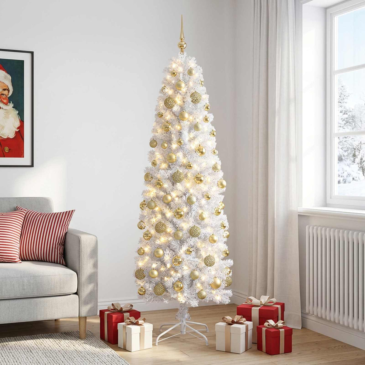 Dirbtinė siaura kalėdinė eglutė su žaisliuku 180 cm 300 LED