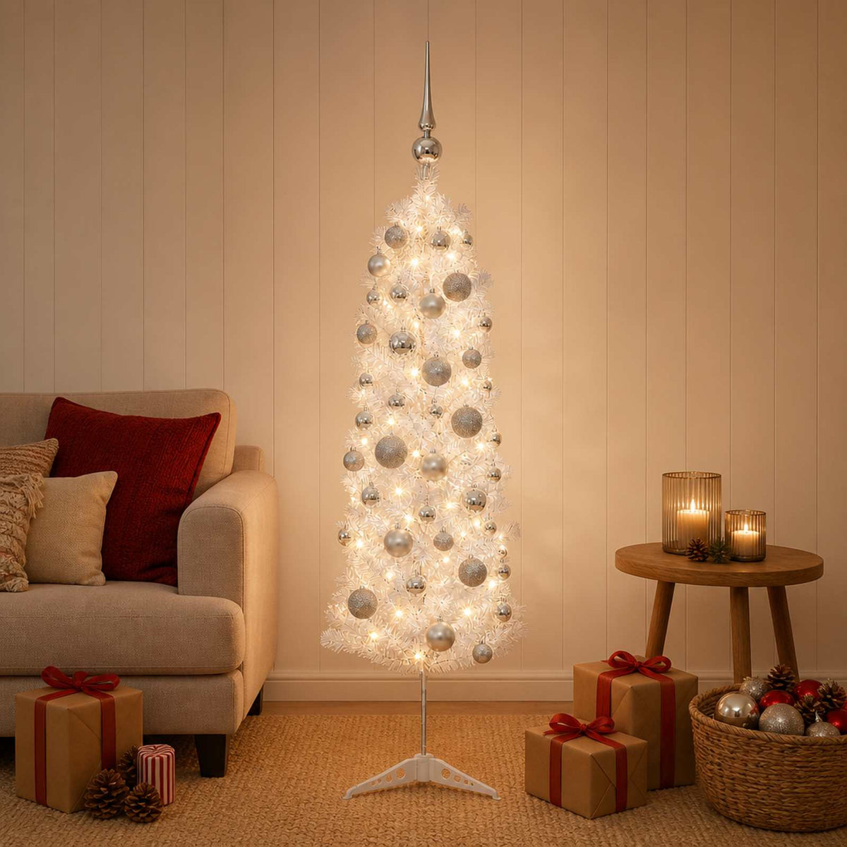 Dirbtinė siaura kalėdinė eglutė su žaisliuku 150 cm 150 LED