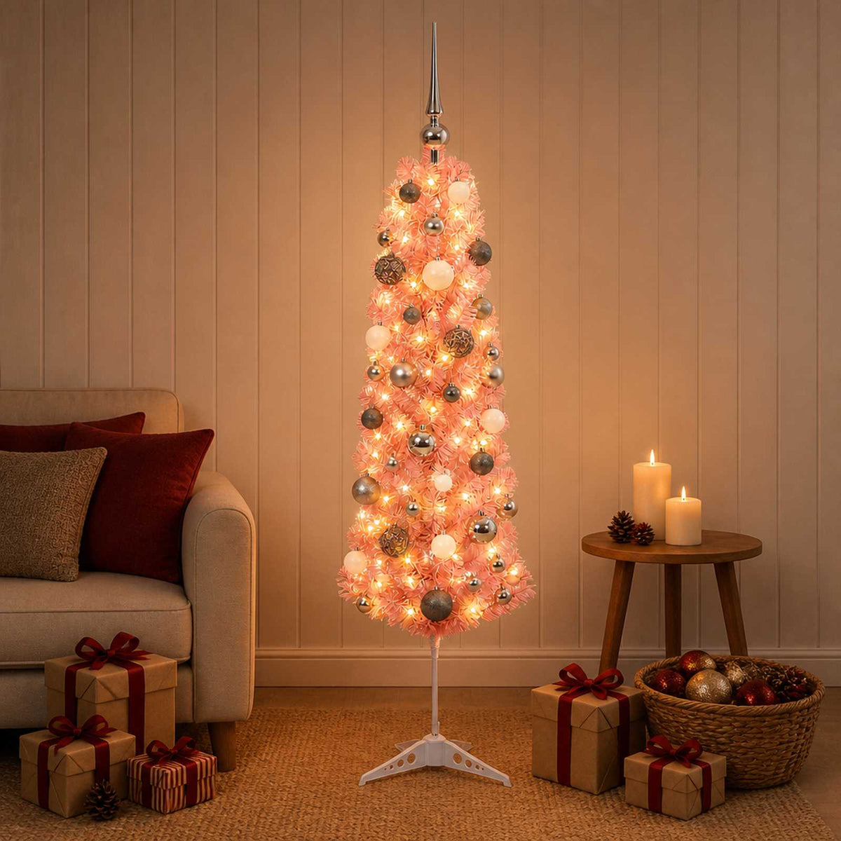 Dirbtinė siaura Kalėdų eglutė su žaisliuku 120 cm 150 LED