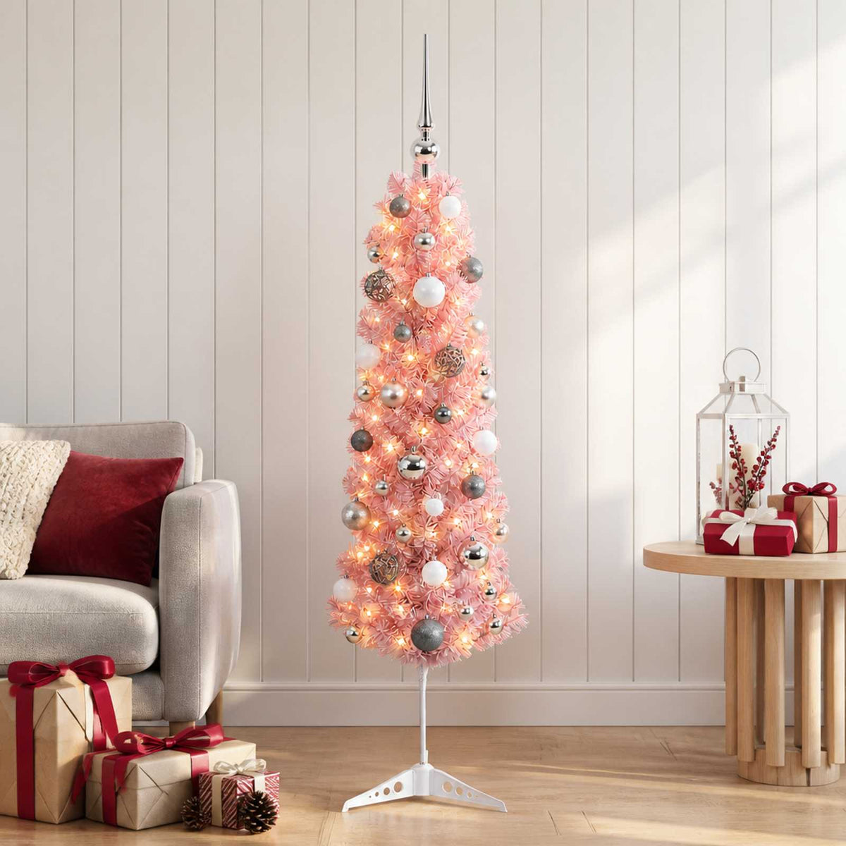 Dirbtinė siaura Kalėdų eglutė su žaisliuku 120 cm 150 LED