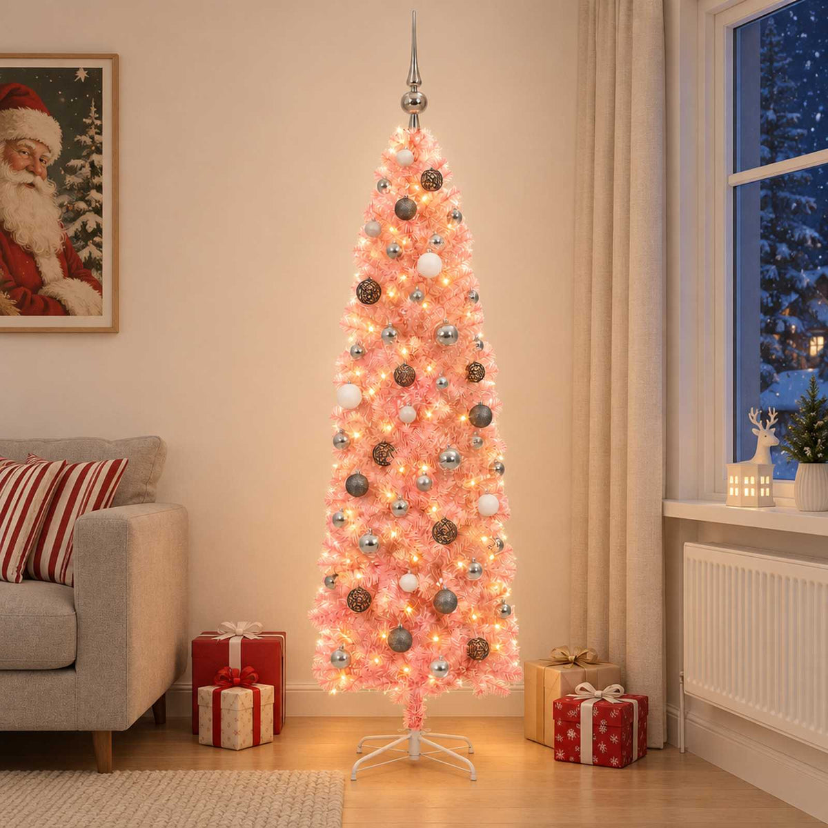 Dirbtinė siaura kalėdinė eglutė su žaisliuku 210 cm 300 LED