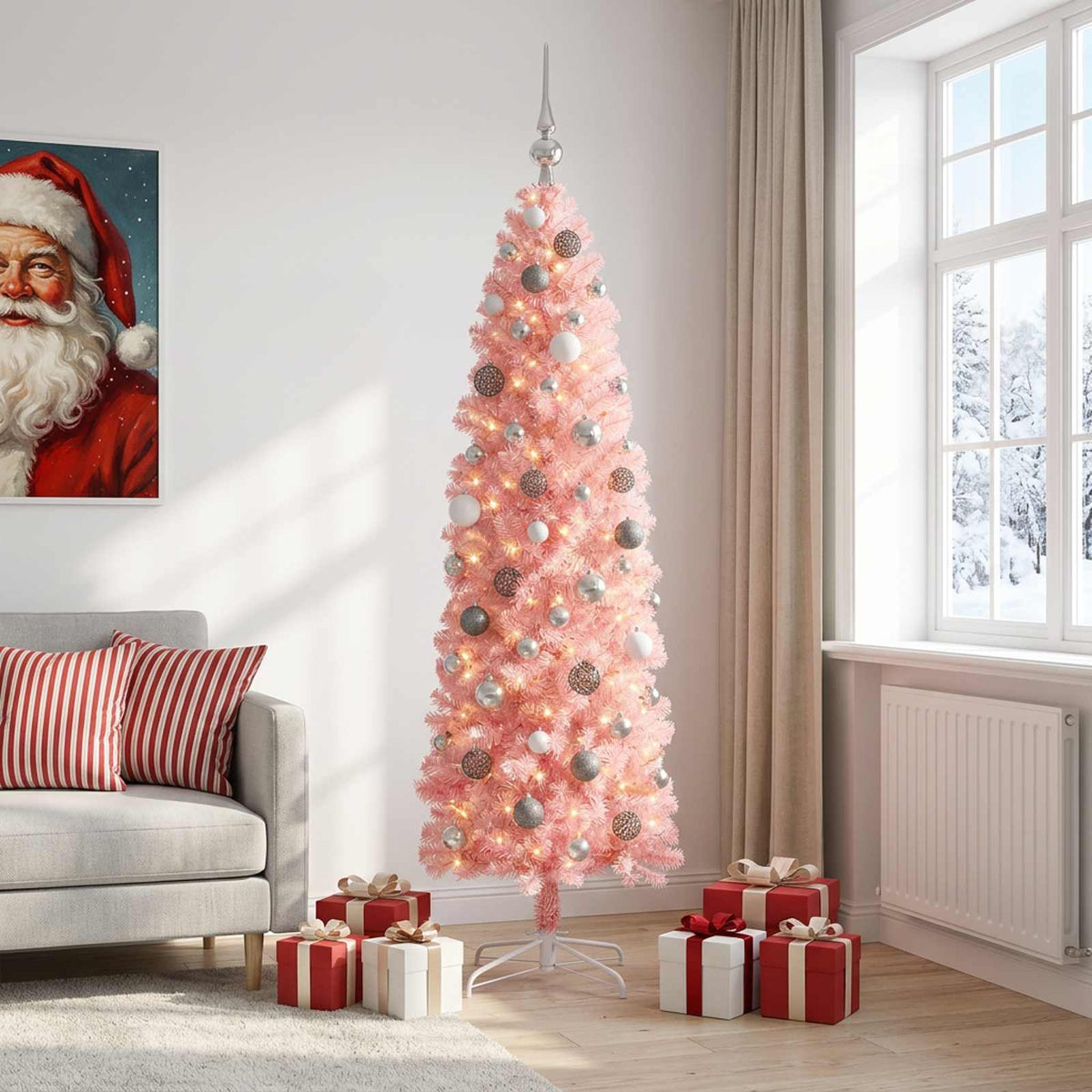 Dirbtinė siaura kalėdinė eglutė su žaisliuku 210 cm 300 LED