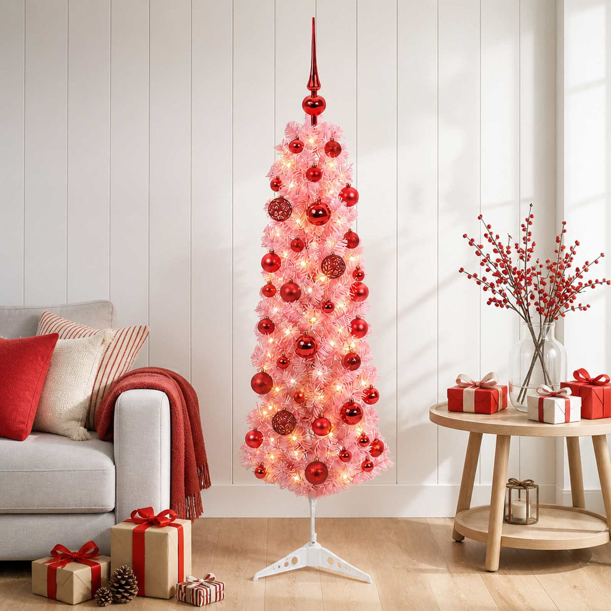 Dirbtinė siaura Kalėdų eglutė su žaisliukais 120 cm 150 LED