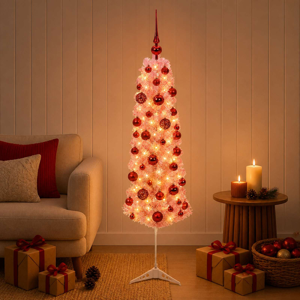 Dirbtinė siaura Kalėdų eglutė su žaisliukais 120 cm 150 LED