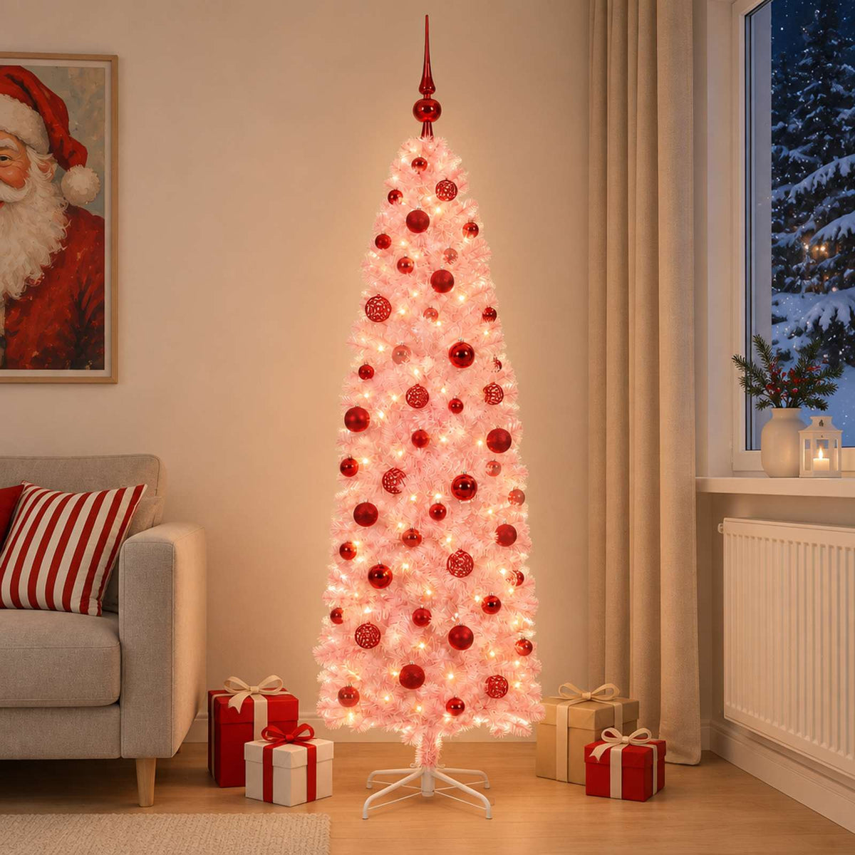 Dirbtinė siaura Kalėdų eglutė su žaisliuku 180 cm 300 LED