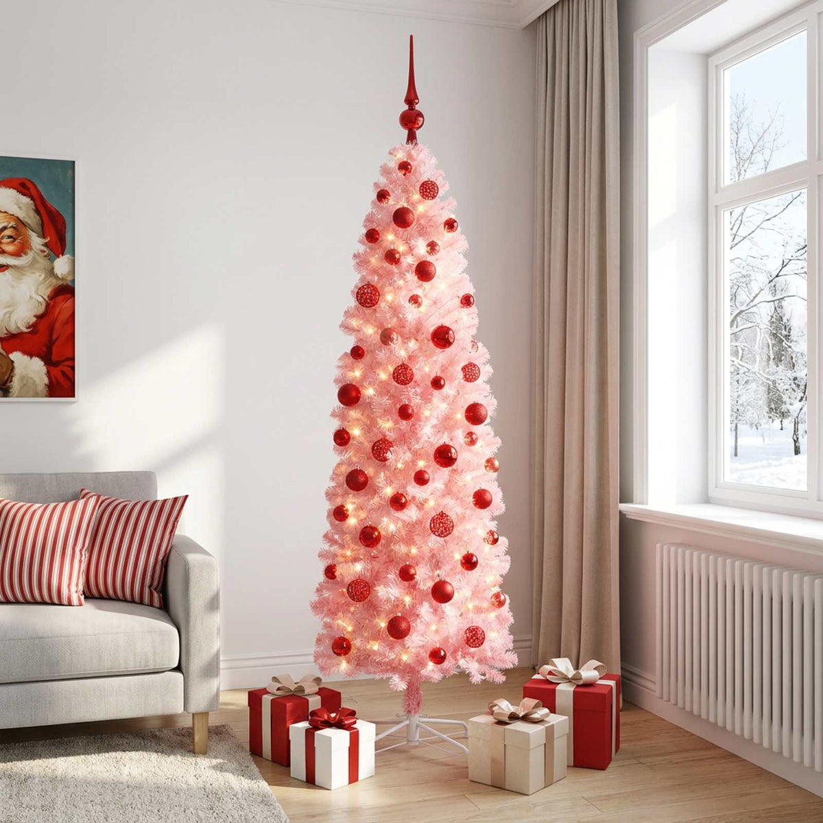 Dirbtinė siaura kalėdinė eglutė su žaisliuku 210 cm 300 LED