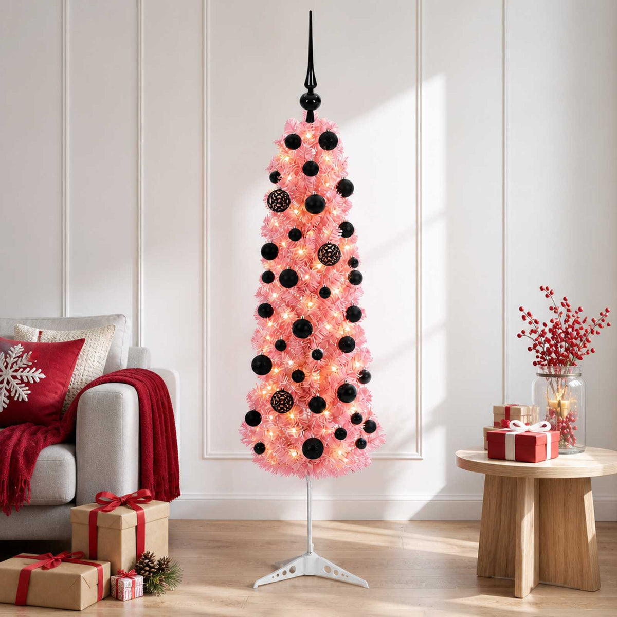 Dirbtinė siaura Kalėdų eglutė su žaisliuku 120 cm 150 LED