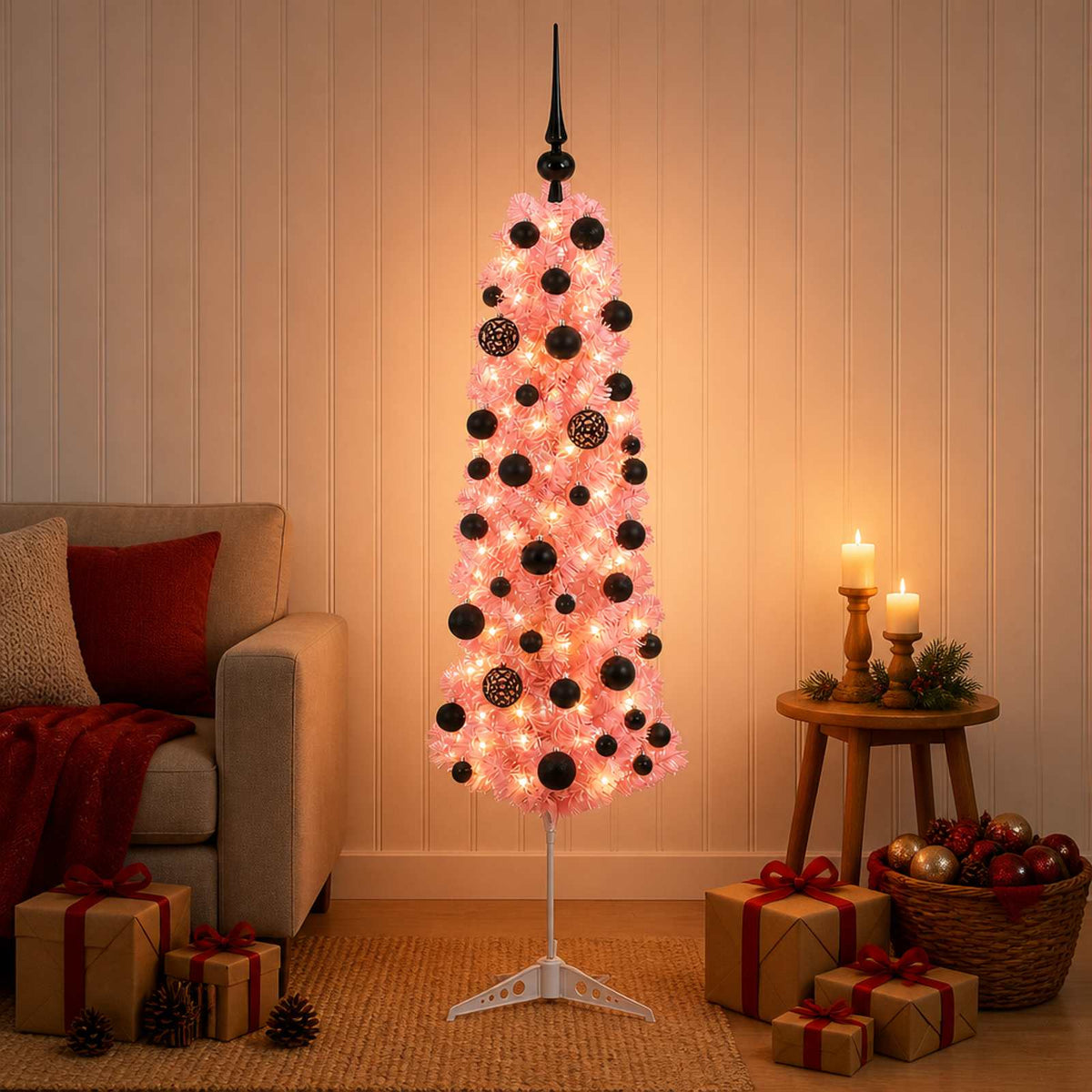 Dirbtinė siaura Kalėdų eglutė su žaisliuku 120 cm 150 LED