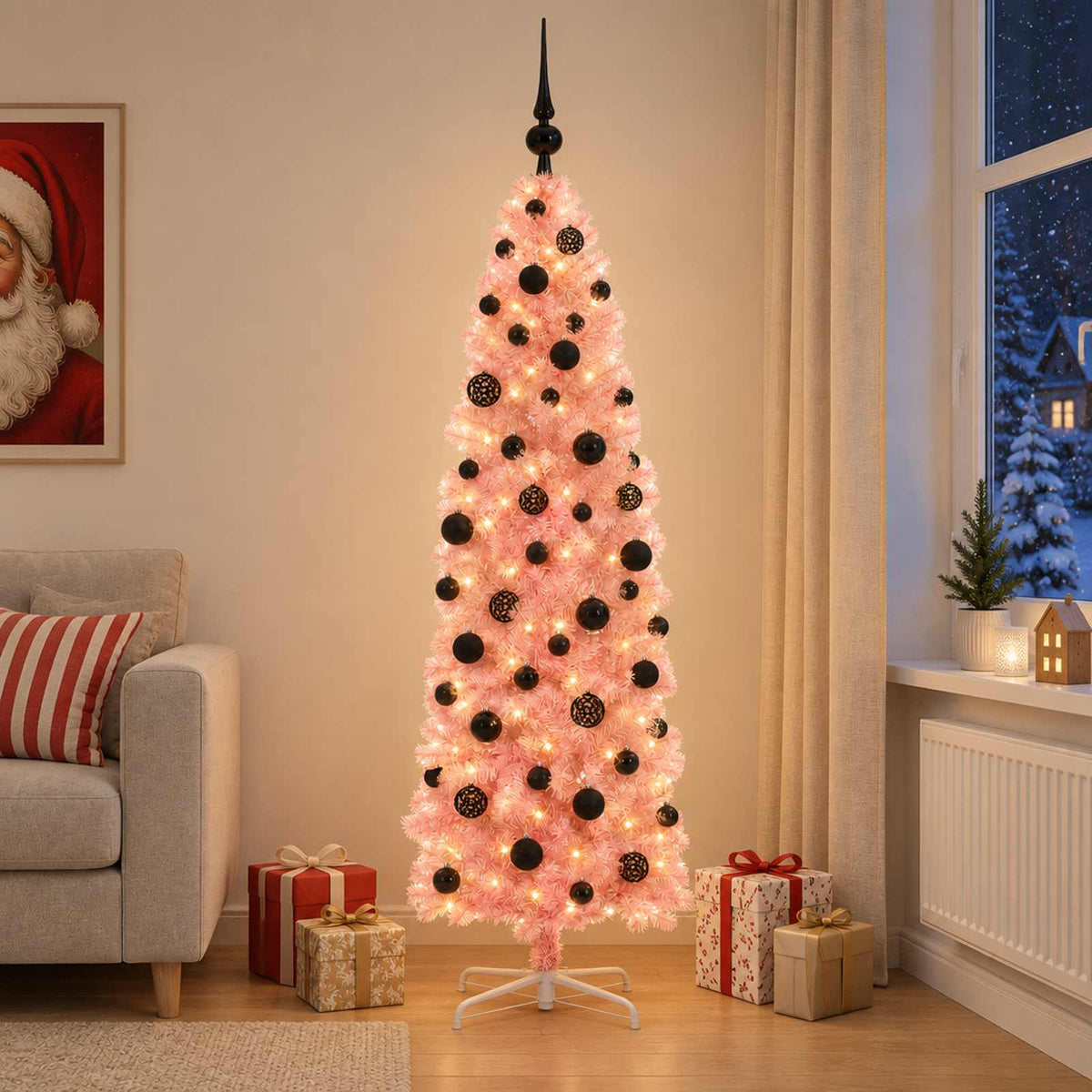 Dirbtinė siaura kalėdinė eglutė su žaisliuku 240 cm 300 LED