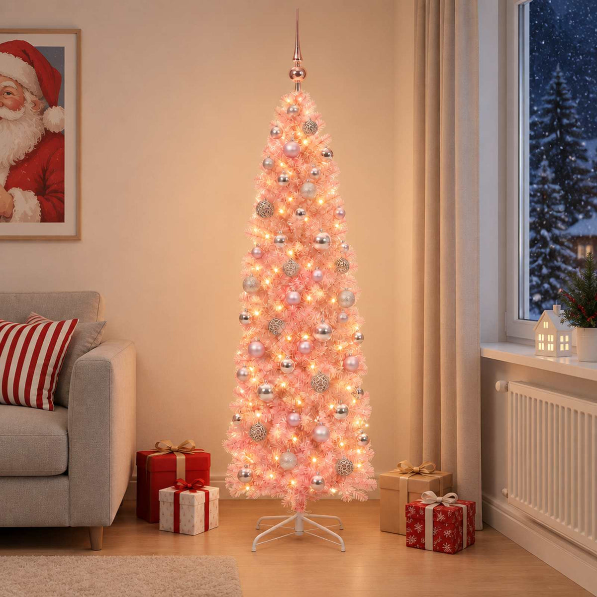 Dirbtinė siaura Kalėdų eglutė su žaisliukais 240 cm 300 LED