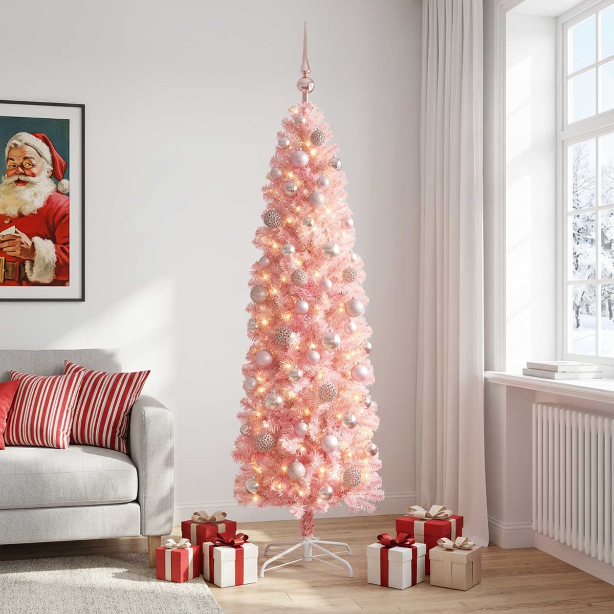 Dirbtinė siaura kalėdinė eglutė su žaisliuku 210 cm 300 LED