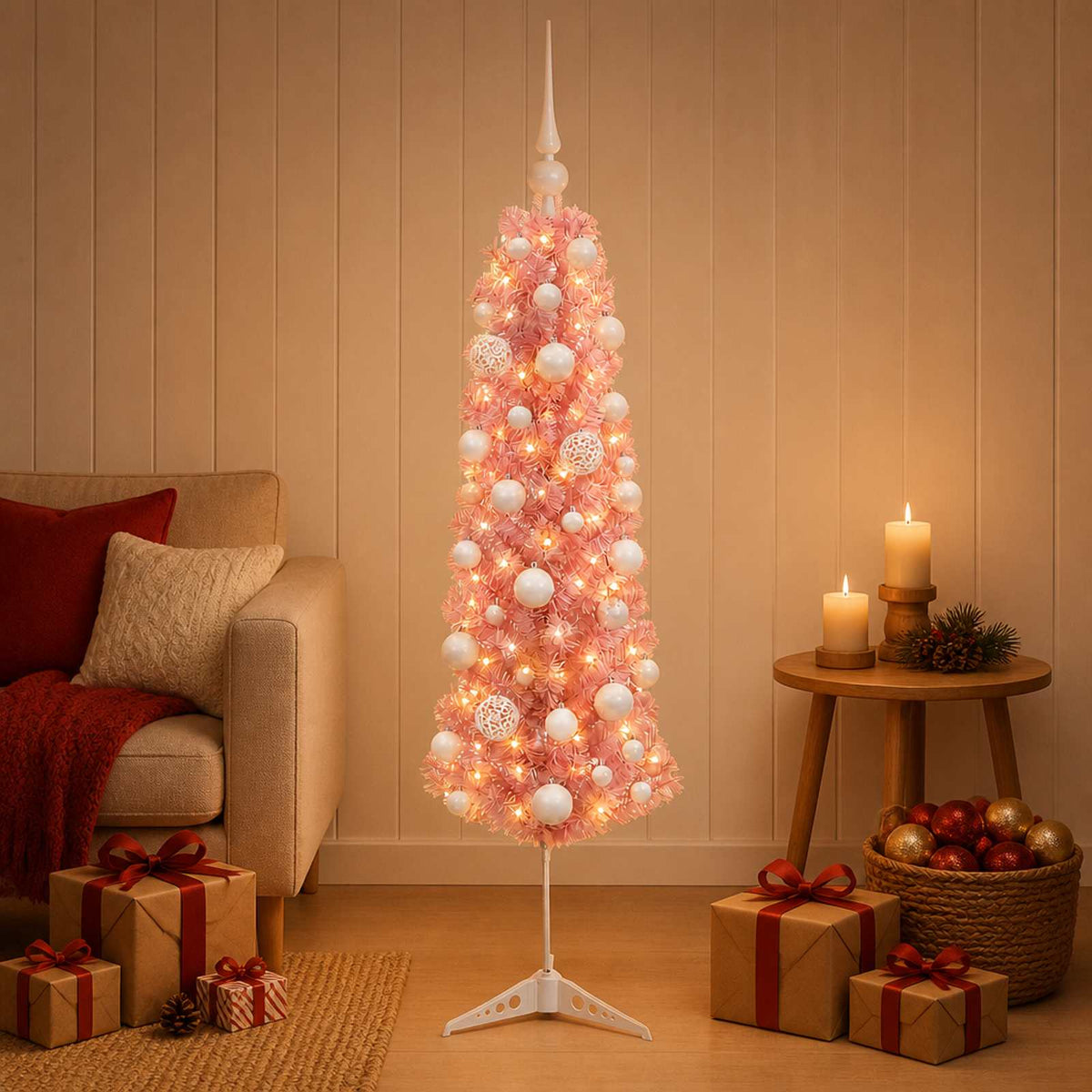 Dirbtinė siaura Kalėdų eglutė su žaisliuku 120 cm 150 LED