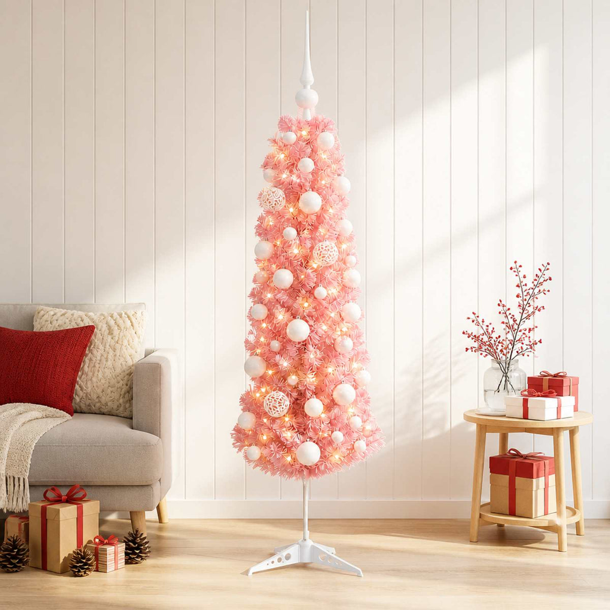 Dirbtinė siaura Kalėdų eglutė su žaisliuku 120 cm 150 LED