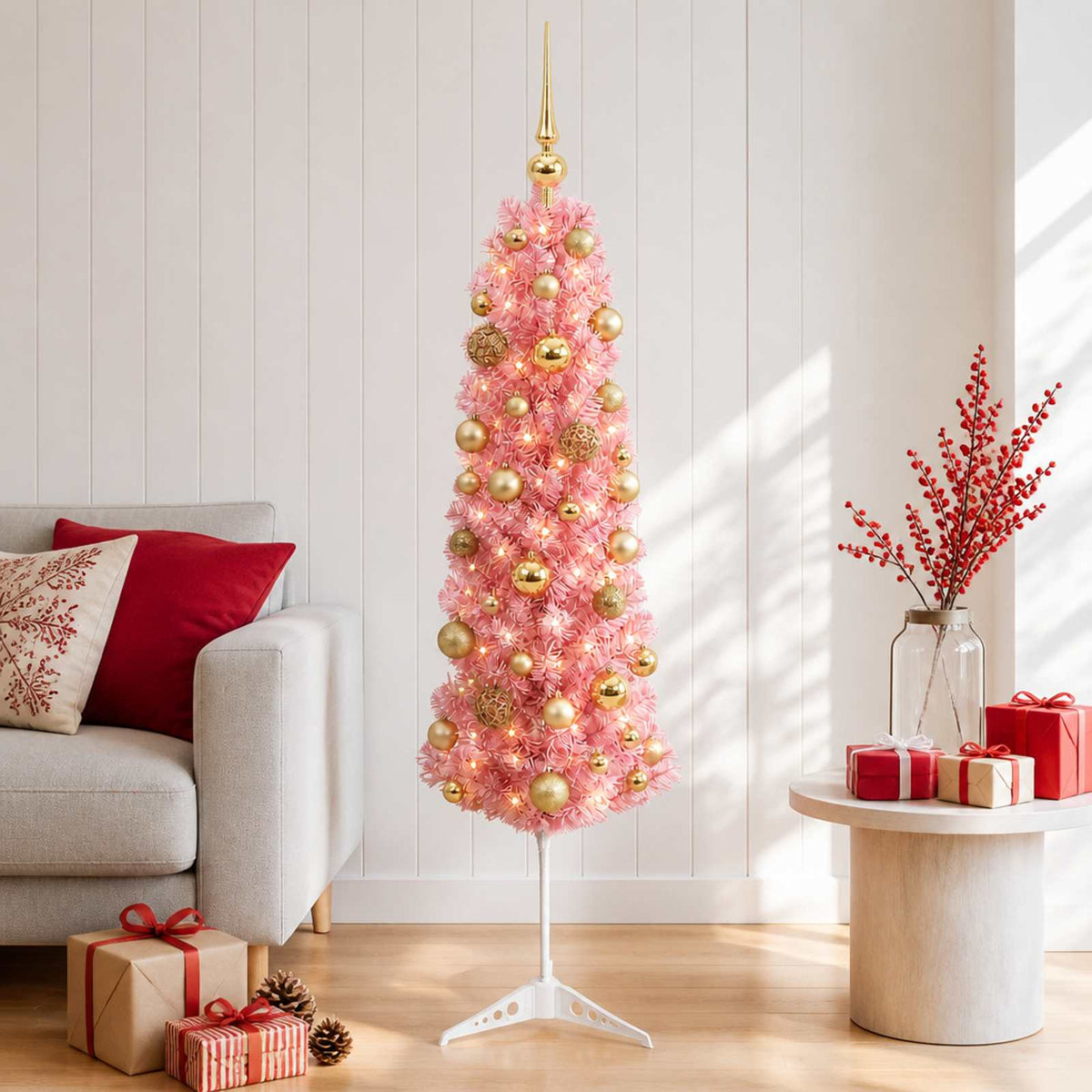 Dirbtinė siaura kalėdinė eglutė su žaisliukais 120 cm 150 LED