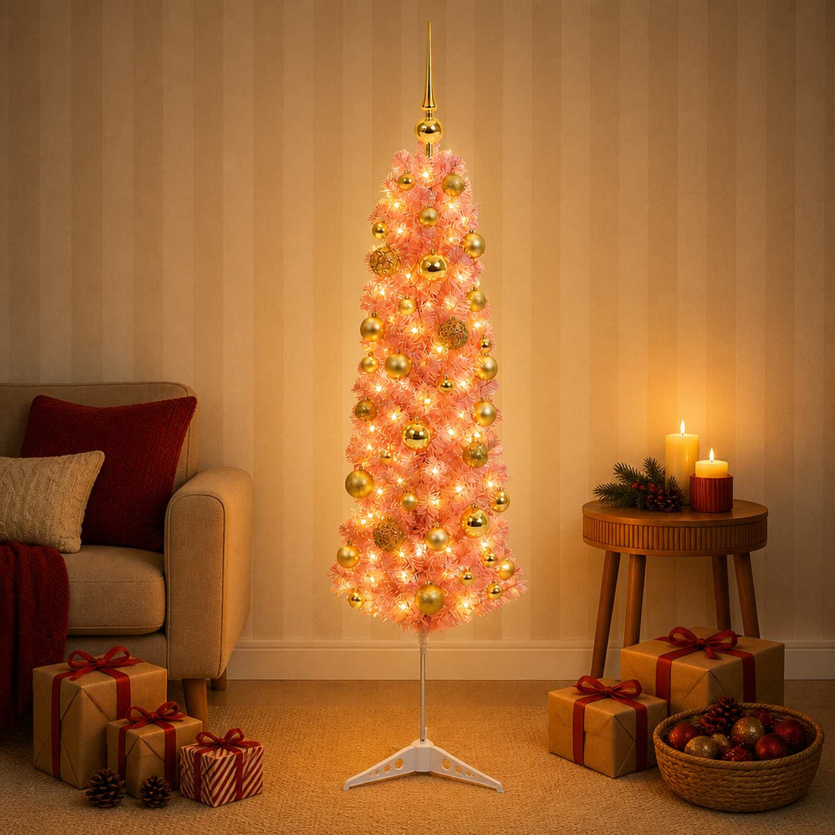 Dirbtinė siaura kalėdinė eglutė su žaisliukais 120 cm 150 LED