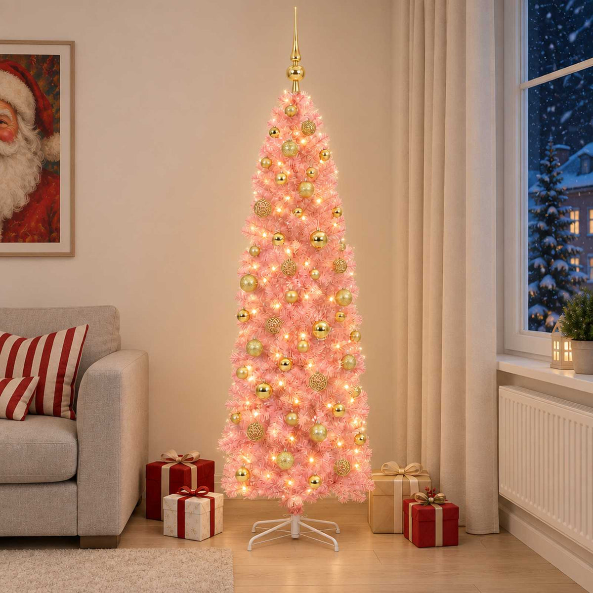 Dirbtinė siaura kalėdinė eglutė su žaisliukais 240 cm 300 LED