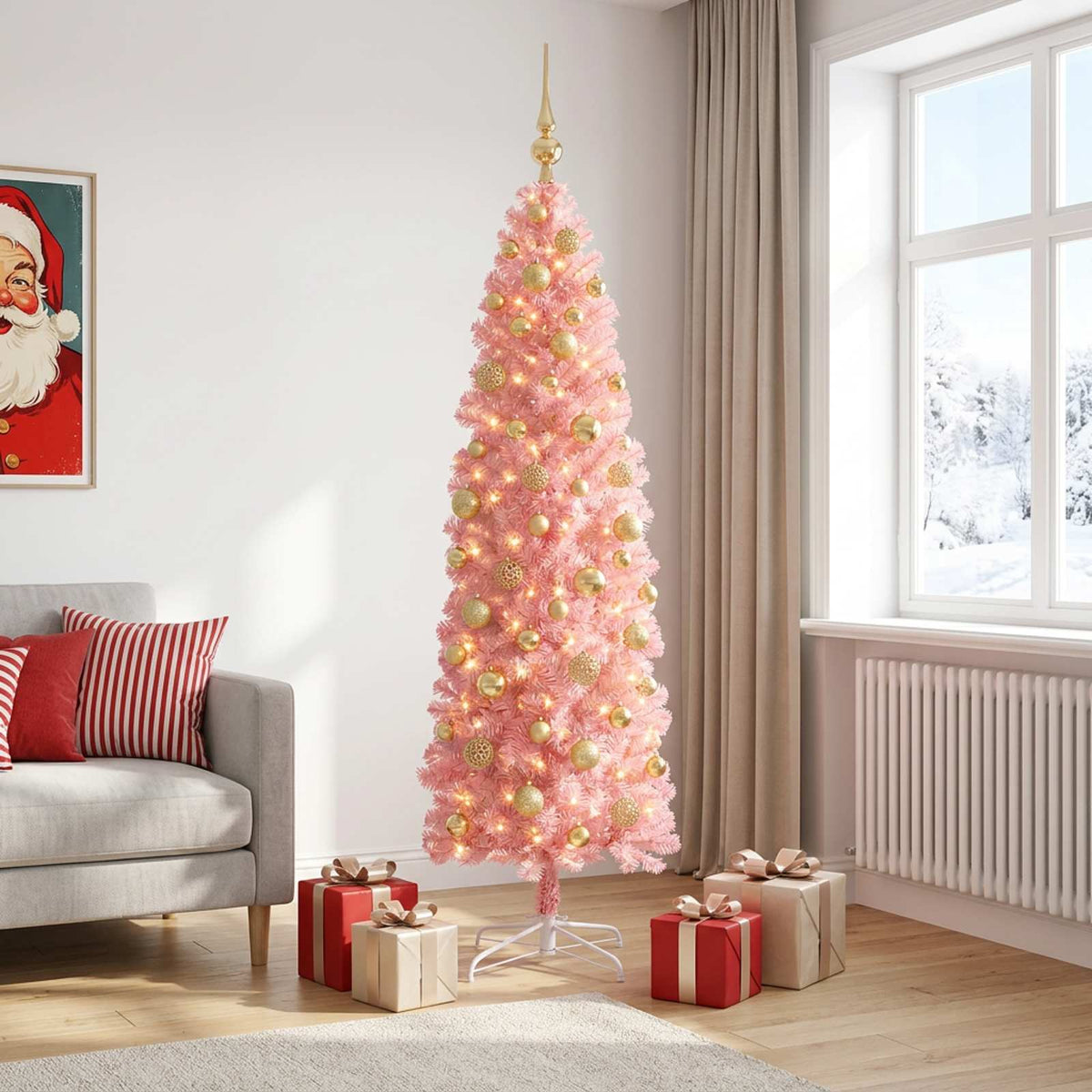 Dirbtinė siaura Kalėdų eglutė su žaisliuku 180 cm 300 LED