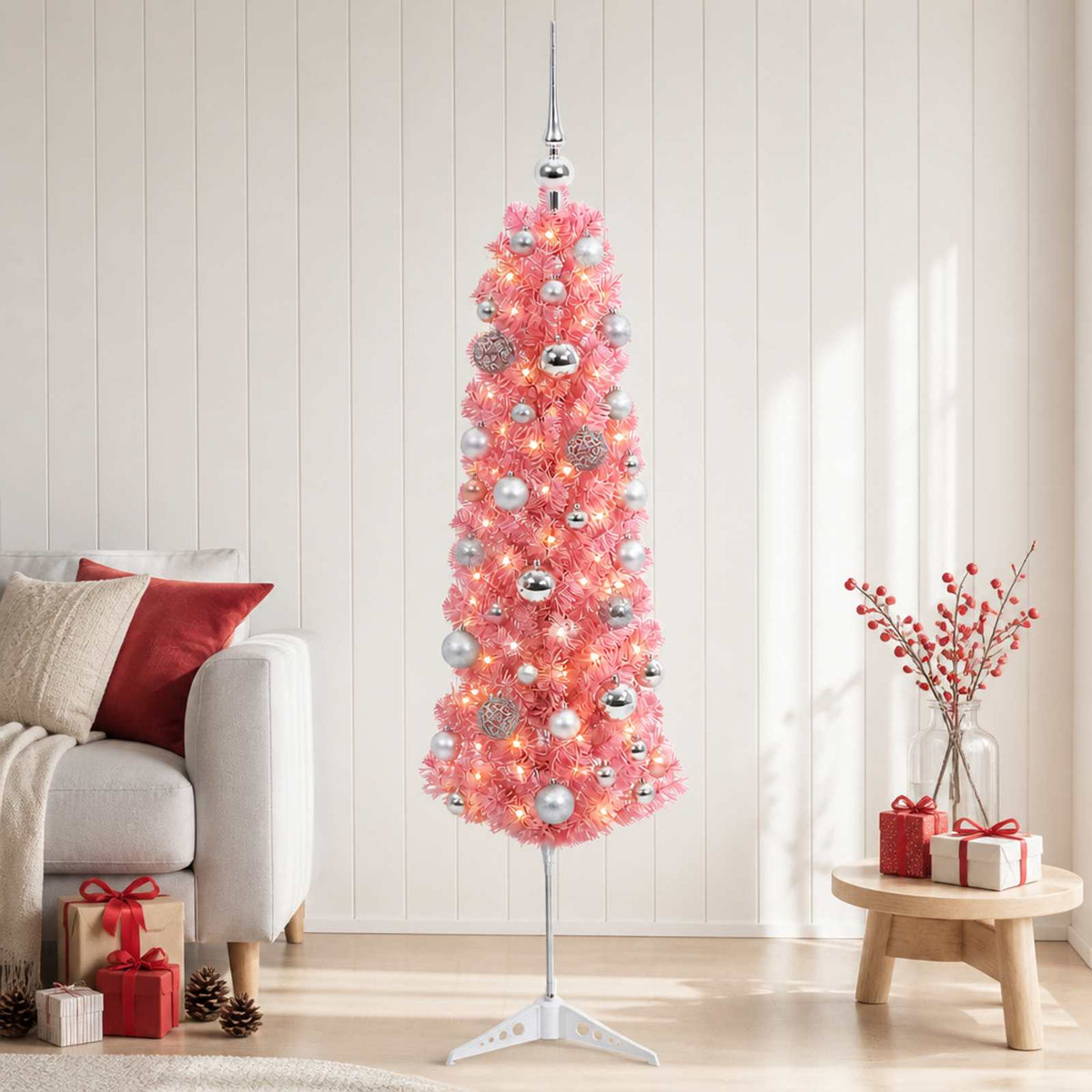 Dirbtinė siaura Kalėdų eglutė su žaisliuku 120 cm 150 LED