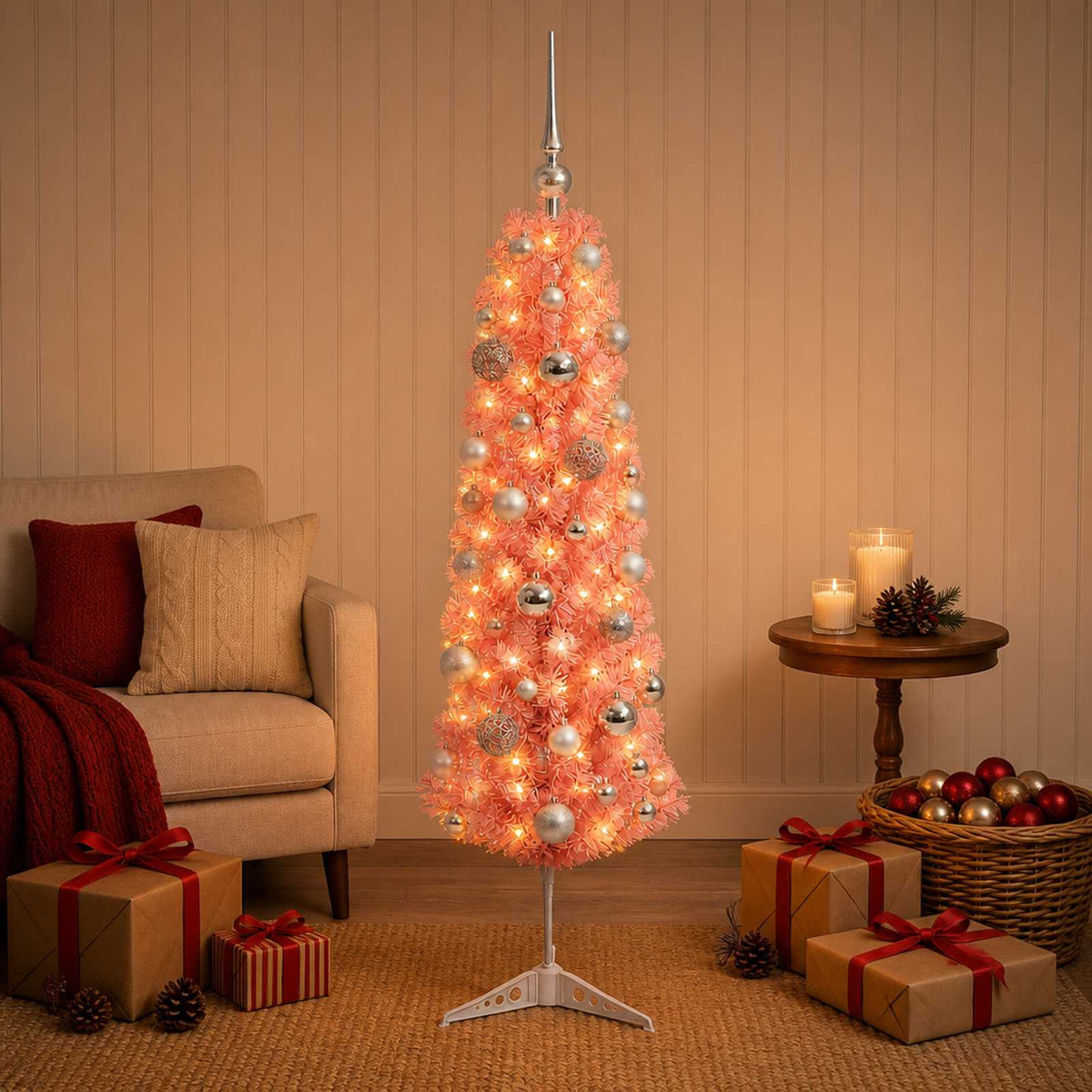 Dirbtinė siaura Kalėdų eglutė su žaisliuku 120 cm 150 LED