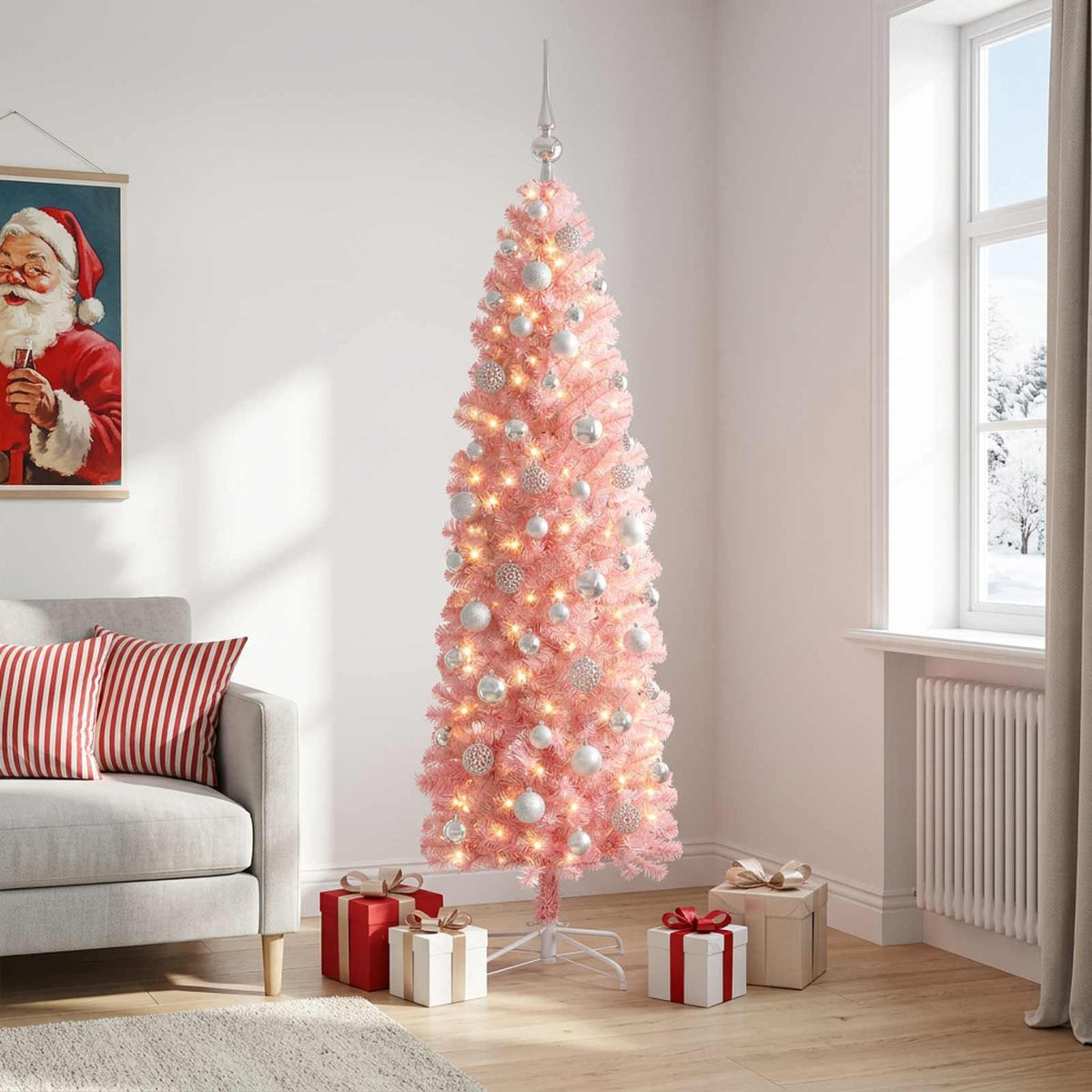 Dirbtinė siaura kalėdinė eglutė su žaisliuku 210 cm 300 LED