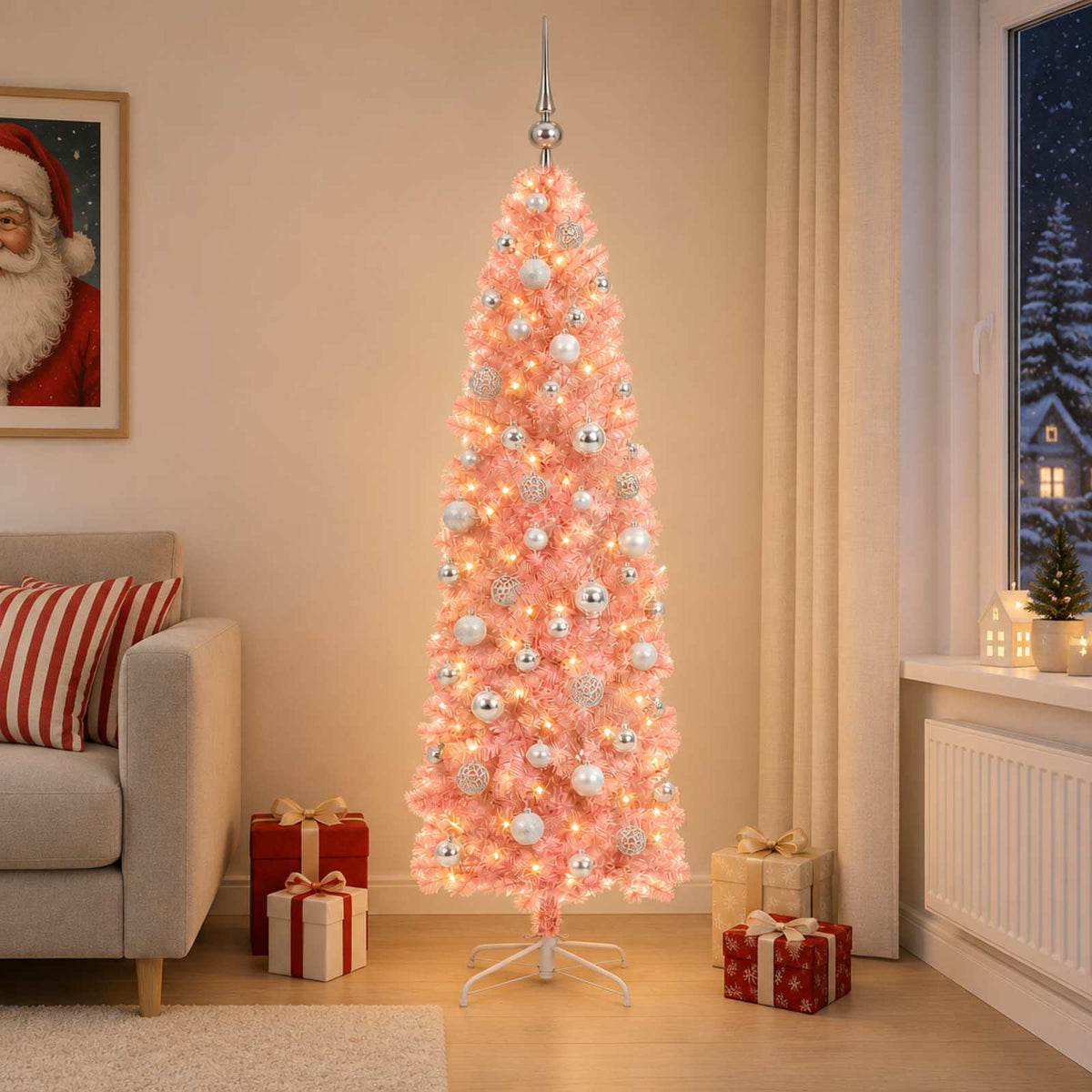 Dirbtinė siaura kalėdinė eglutė su žaisliuku 210 cm 300 LED